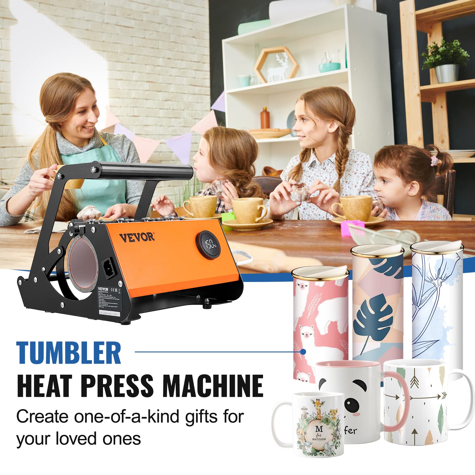 VEVOR Tumbler Heat Press Machine for 20oz-30oz Straight & 11-16oz Skinny Tumblers - Mug Press with Sublimation Paper, Heat Tape & Gloves (Orange) - Perfect for DIY Custom Tumblers, Coffee Mugs & Sublimation Crafts