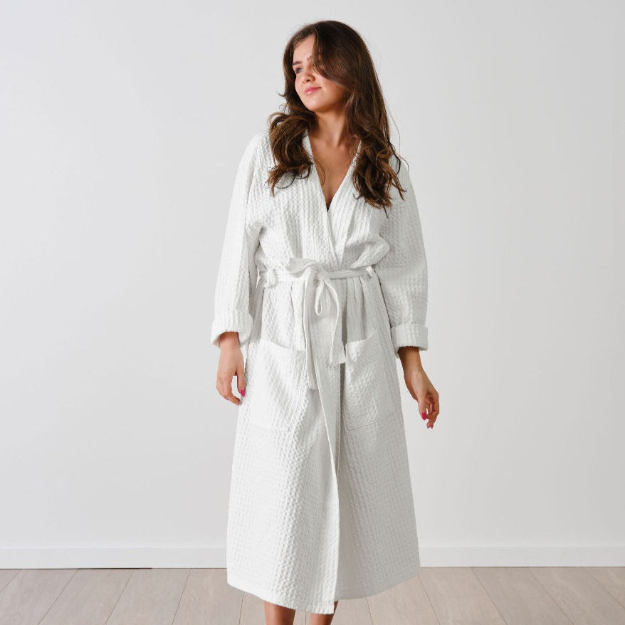 Linen House Keaton White Waffle Bathrobe - Soft & Luxurious Cotton Terry Robe for Women & Men - Perfect for Spa, Hotel, and Home Relaxation