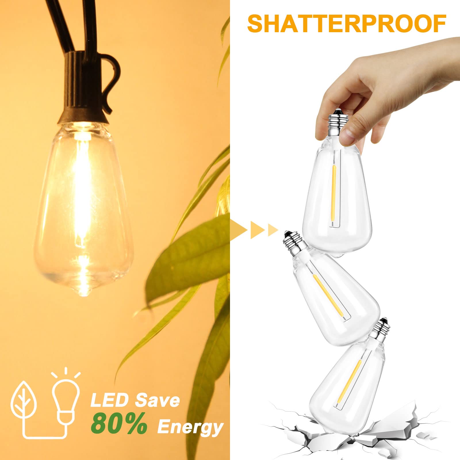 BRIMAX 10FT Outdoor String Lights with 10 ST38 1W Shatterproof LED Edison Bulbs - Waterproof Patio Lights for Bistro, Pergola, Backyard, Garden & Outdoor Dining Decor