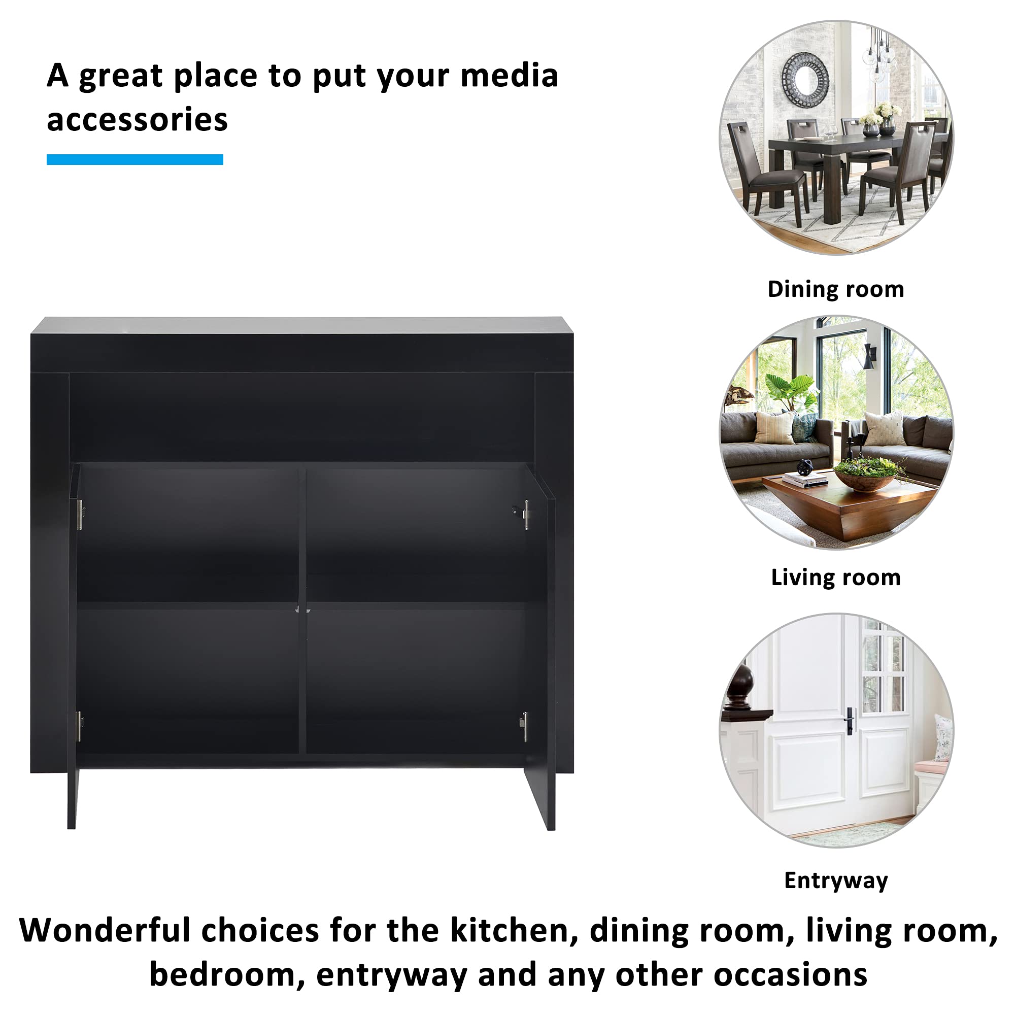 Modern High Gloss LED Sideboard with Remote Control - Wooden Buffet Storage Cabinet with Display Shelf for Kitchen, Dining Room & Living Room - Perfect for Home Decor, Entertaining & Stylish Storage (Black)