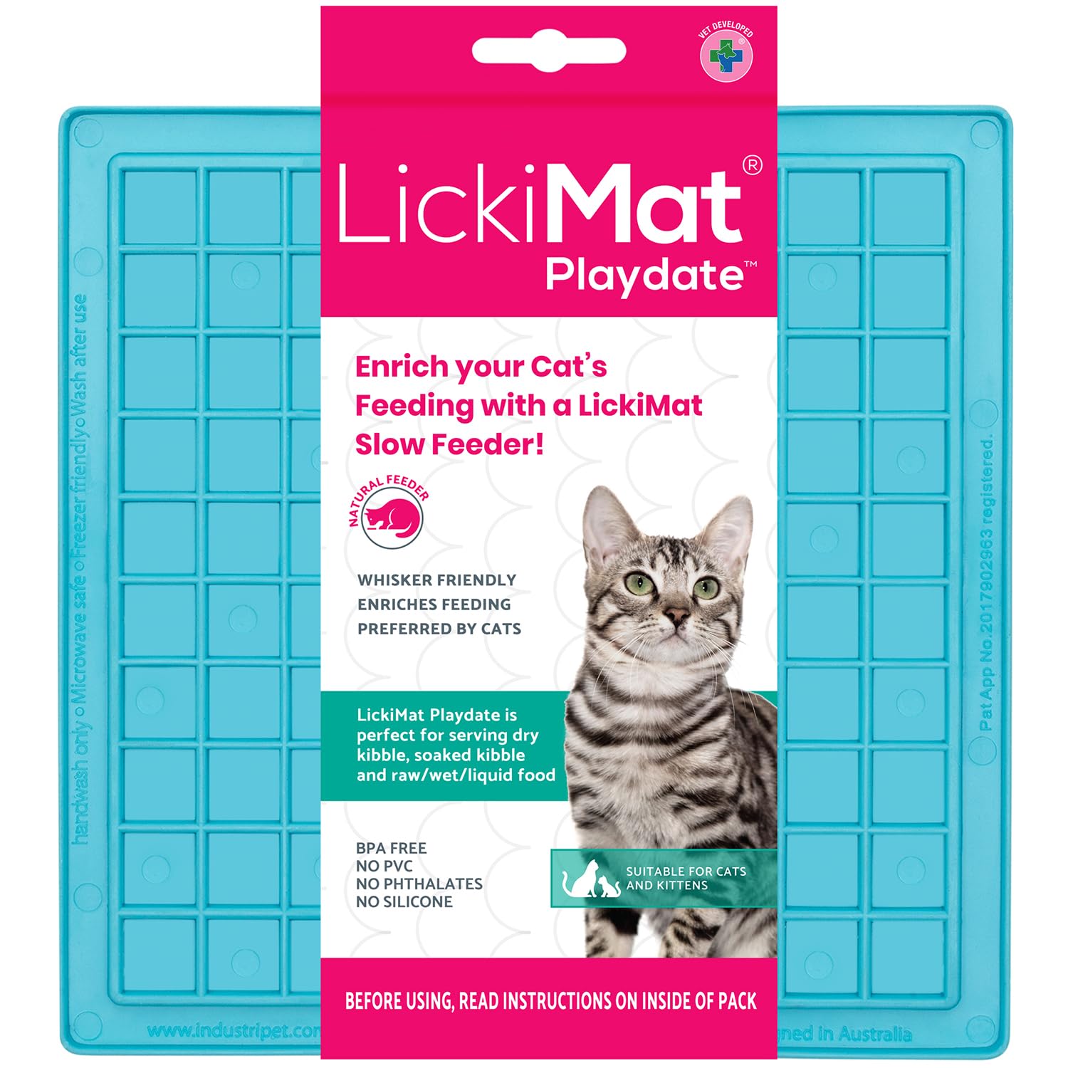 LickiMat Classic Playdate Cat Slow Feeder Lick Mat - Anxiety & Boredom Relief for Cats - Perfect for Food, Treats, Yogurt & Peanut Butter - Fun Alternative to Slow Feed Cat Bowls - Turquoise - Great for Mealtime Enrichment & Stress Reduction