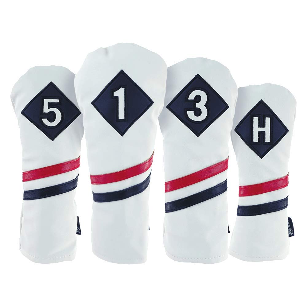 RAM Golf Premium Vintage Style PU Leather Headcovers - Retro White for Driver, Woods & Hybrids, Perfect for Classic Golf Enthusiasts