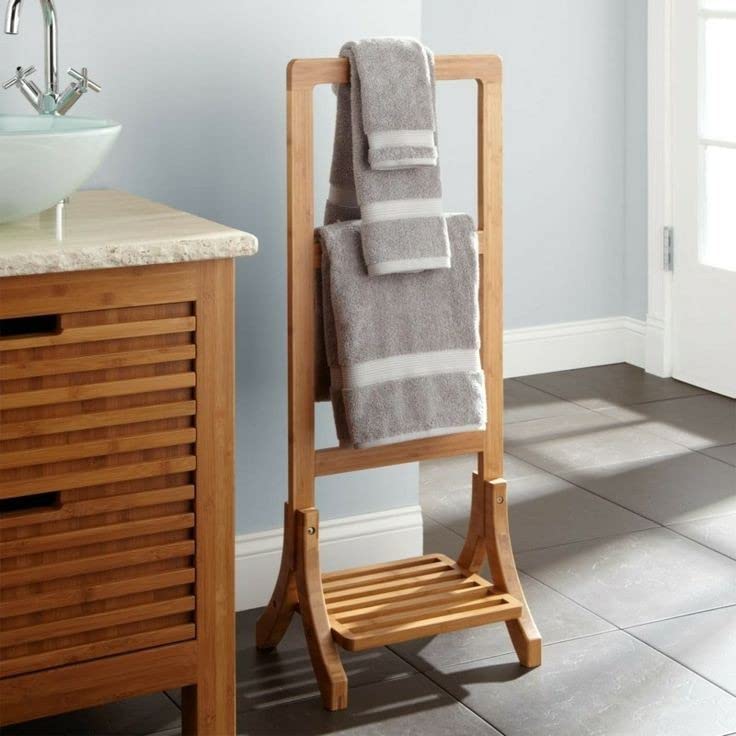 Freestanding Wooden Multi-Tier Towel Rack with Shelf - Bathroom, Bedroom, Gym & Kitchen Hand Towel Holder - Space-Saving Ladder Design for Small Spaces & Home Organization