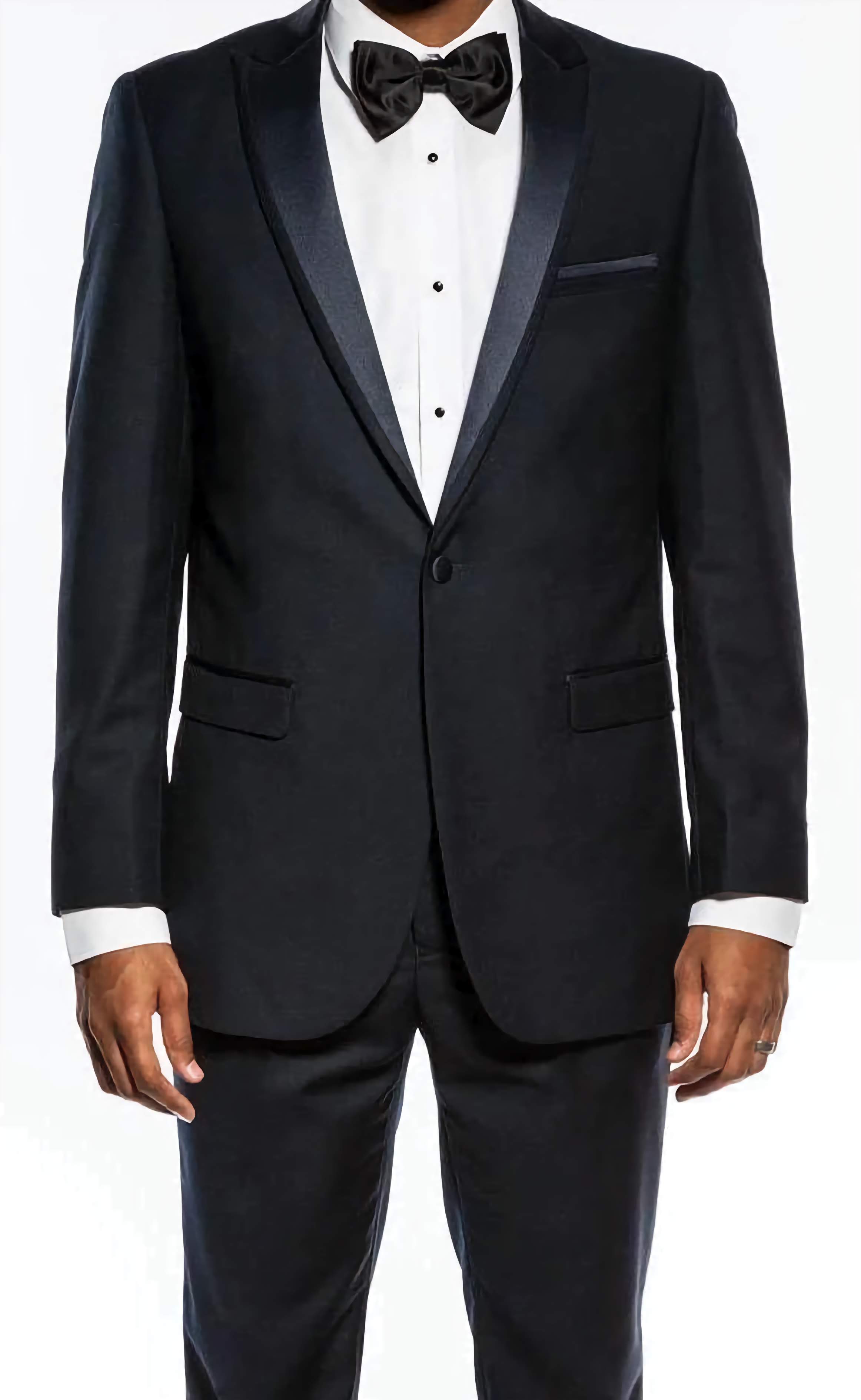 Navy Blue Slim Fit 2 Piece Tuxedo Suit with Satin Peak Lapel for Men - Perfect for Weddings, Prom & Formal Events