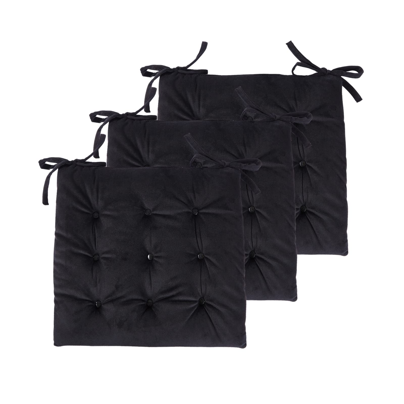 Non-Slip Tufted Cotton Square Chair Cushions with Ties - 3 Pack Black Big Hippo Seat Pads for Dining Chairs, Office Chairs & Car Seats | Comfortable Home & Kitchen Decor, Perfect for Dining, Working & Road Trips
