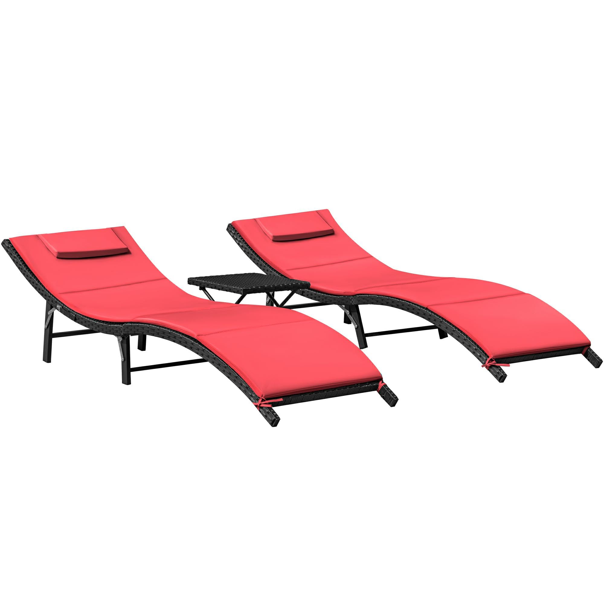 Flamaker 3-Piece Outdoor Chaise Lounge Set with Cushions - Modern PE Wicker Rattan Patio Furniture, Folding Chaise Lounger with Backrest & Side Table (Red) - Perfect for Poolside, Backyard, Garden Relaxation