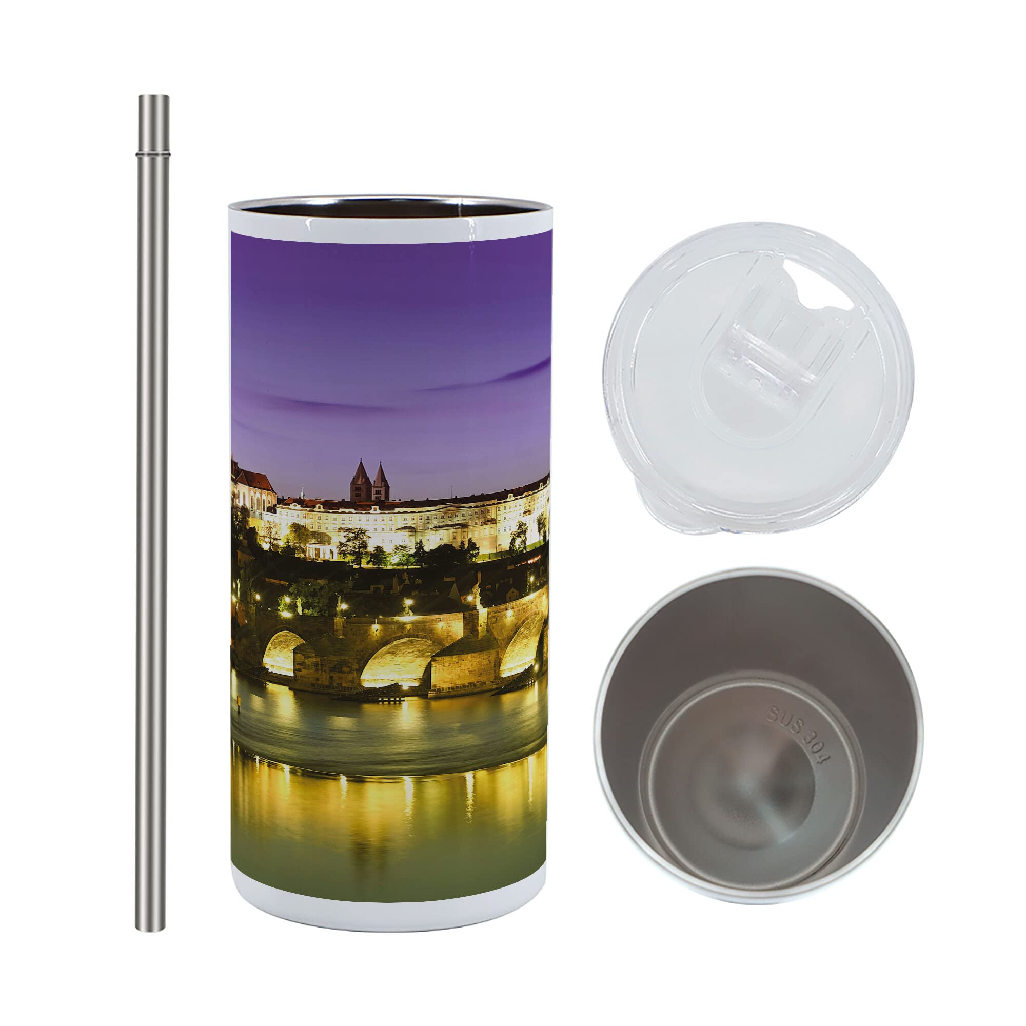 Ambesonne 12 Oz Skinny Tumbler with Charles Bridge Prague Design - Vacuum Insulated Stainless Steel Travel Mug - Leakproof for Coffee, Tea & Cold Drinks - Perfect for Travel, Office, Hiking & Picnics (Purple, Yellow, Brown)