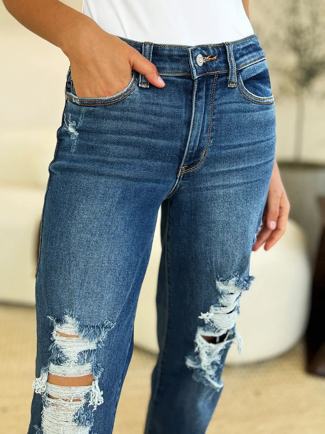 Judy Blue Women's Mid Rise Distressed Raw Hem Jeans - Comfortable Stretch Denim for Casual Wear & Everyday Outfits