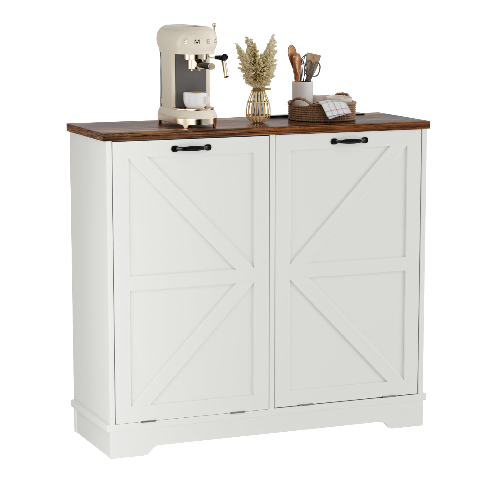 13 Gallon Double Tilt Out Trash Can Cabinet with Deodorizer - Farmhouse Style Hidden Garbage Bin Storage for Kitchen & Living Room - White Wooden Waste Bin Cabinet for Home Organization