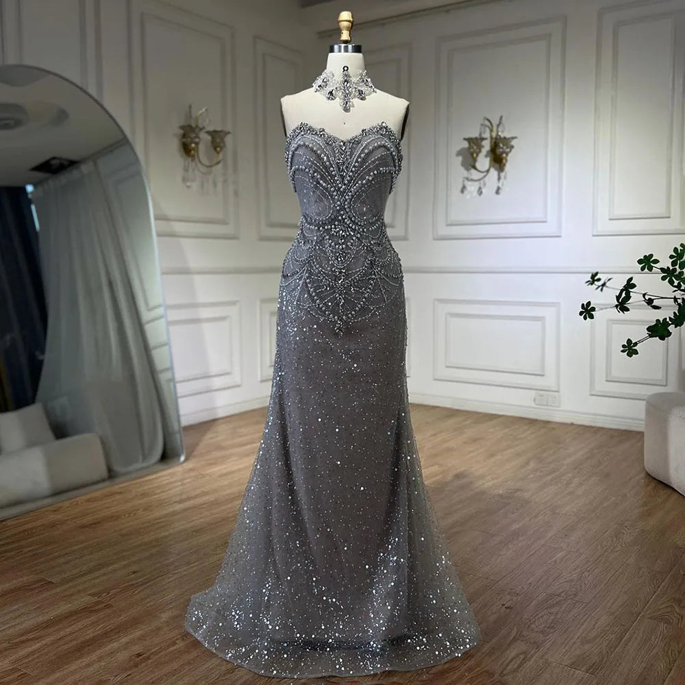 Elegant Arabic Silver Mermaid Evening Gown with Beaded Pearls & Crystal Embellishments for Women - Perfect for Parties, Prom, and Special Occasions in 2025