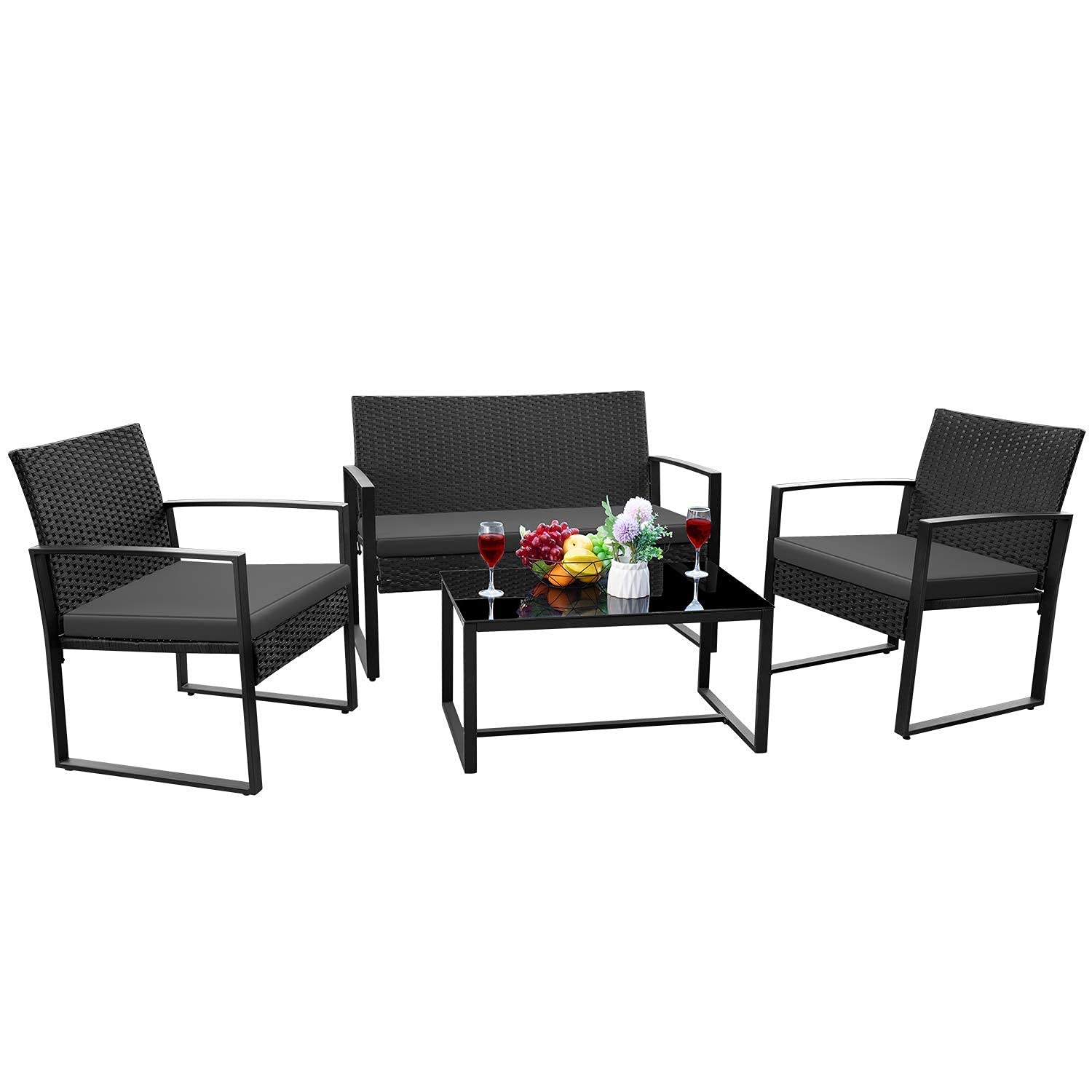 JUMMICO 4-Piece Outdoor Patio Furniture Set - Wicker Rattan Chairs with Cushions & Glass Top Table - Modern Bistro Conversation Set for Garden, Balcony, Poolside (Black) | Perfect for Relaxing, Entertaining & Outdoor Dining