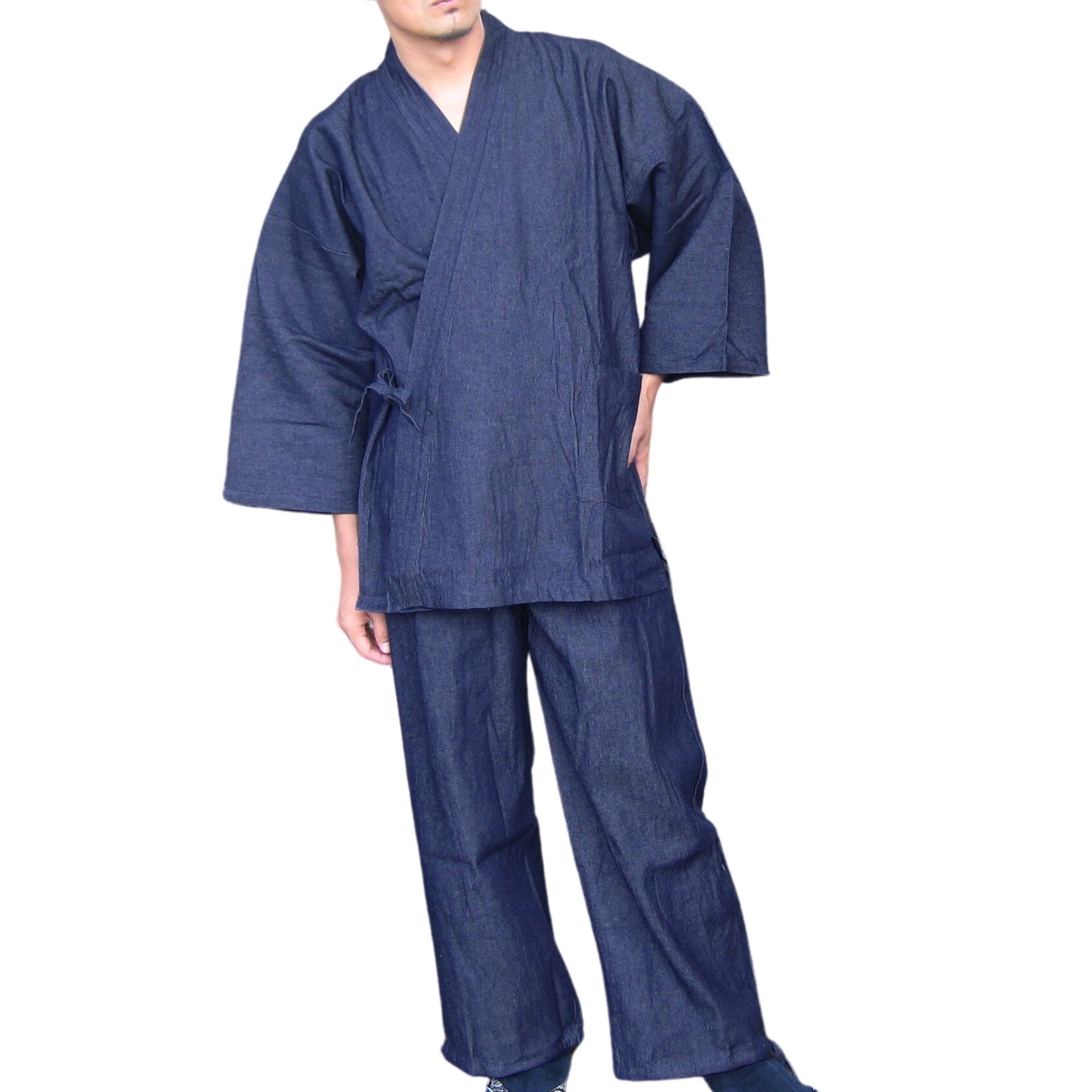 Edoten Men's Japanese Kimono Denim Samue - Traditional Japanese Zen Workwear for Meditation, Tea Ceremony & Casual Loungewear
