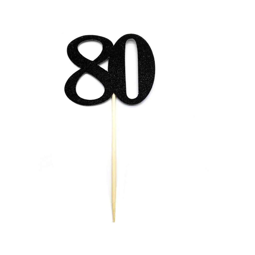 Black & Gold Glitter 80th Birthday Cupcake Toppers - 12pc Set for 80th Anniversary Party Decorations, Wedding & Celebration Cakes | Perfect for Milestone Birthdays, Retirement Parties & Special Occasions