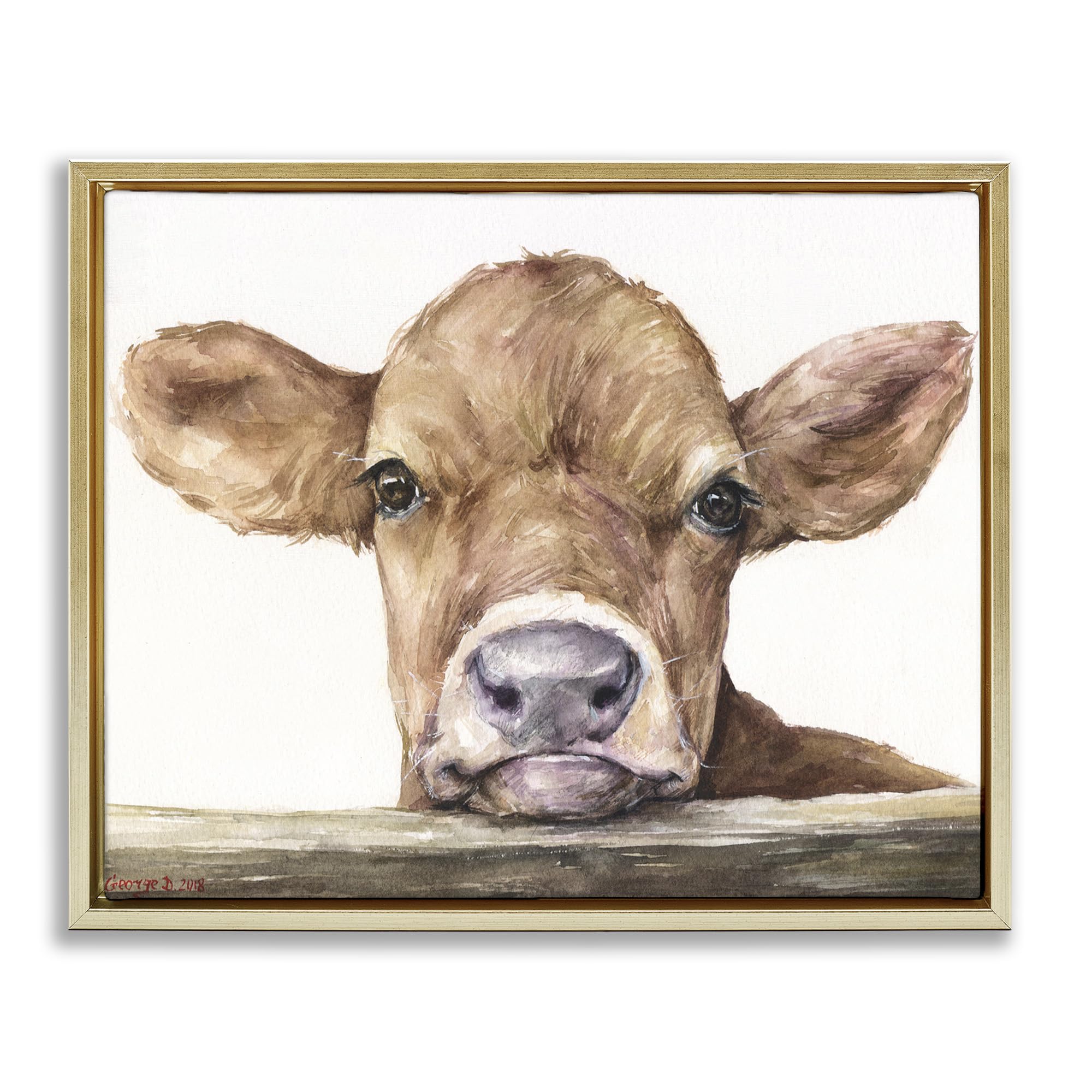 Cute Baby Cow Watercolor Painting by George Dyachenko - Floater Frame Wall Art for Nursery, Kids Room & Farmhouse Decor - Stupell Industries