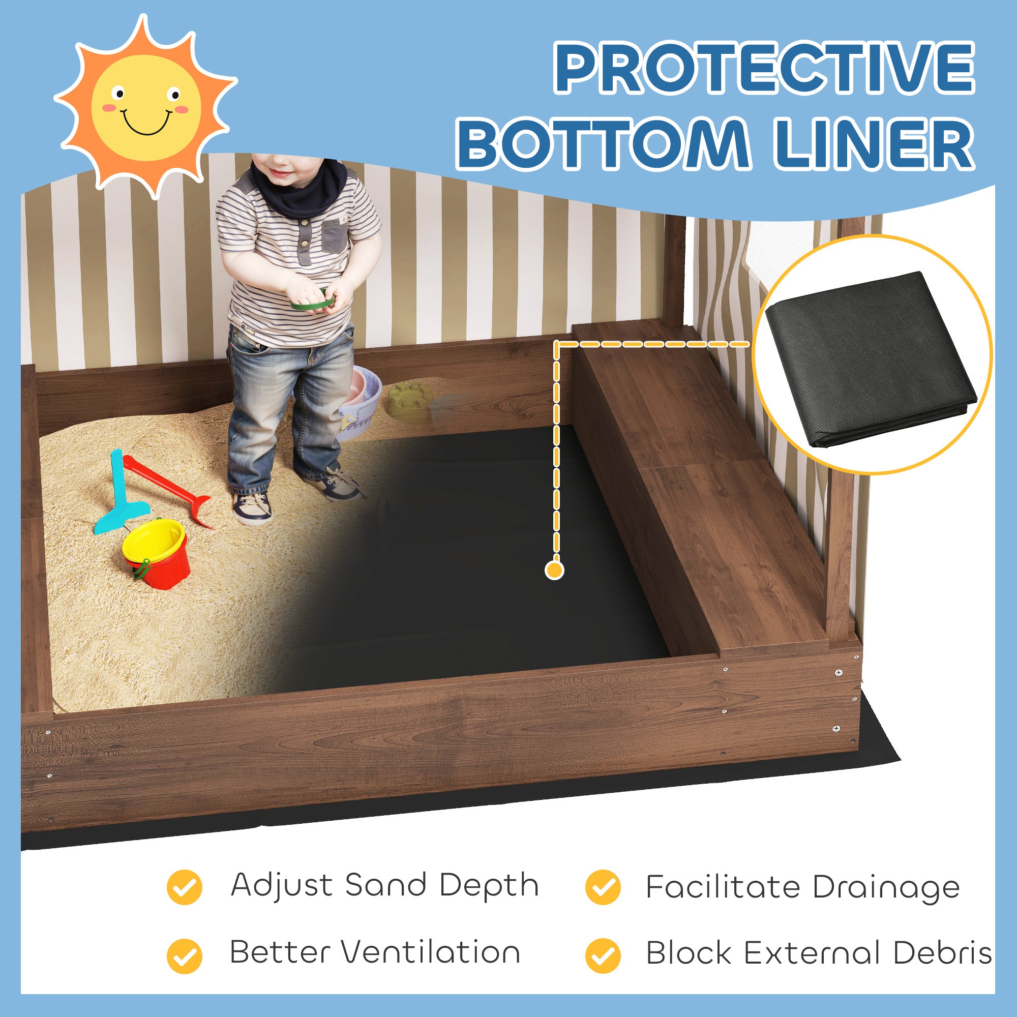 Qaba Kids Sandbox with Canopy Cover, Bench Seats & Bottom Liner - Outdoor Play Sand Box for Toddlers Ages 3-6 (56