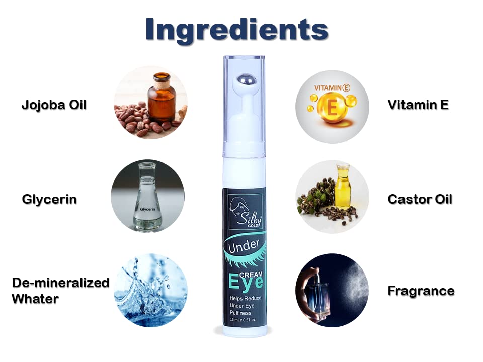 Silky Gold Under Eye Cream for Dark Circles & Wrinkles - 15ml Roll-On with Cooling Massage Roller | Reduces Puffiness, Fades Fine Lines | Perfect for Night Routine & Travel Skincare