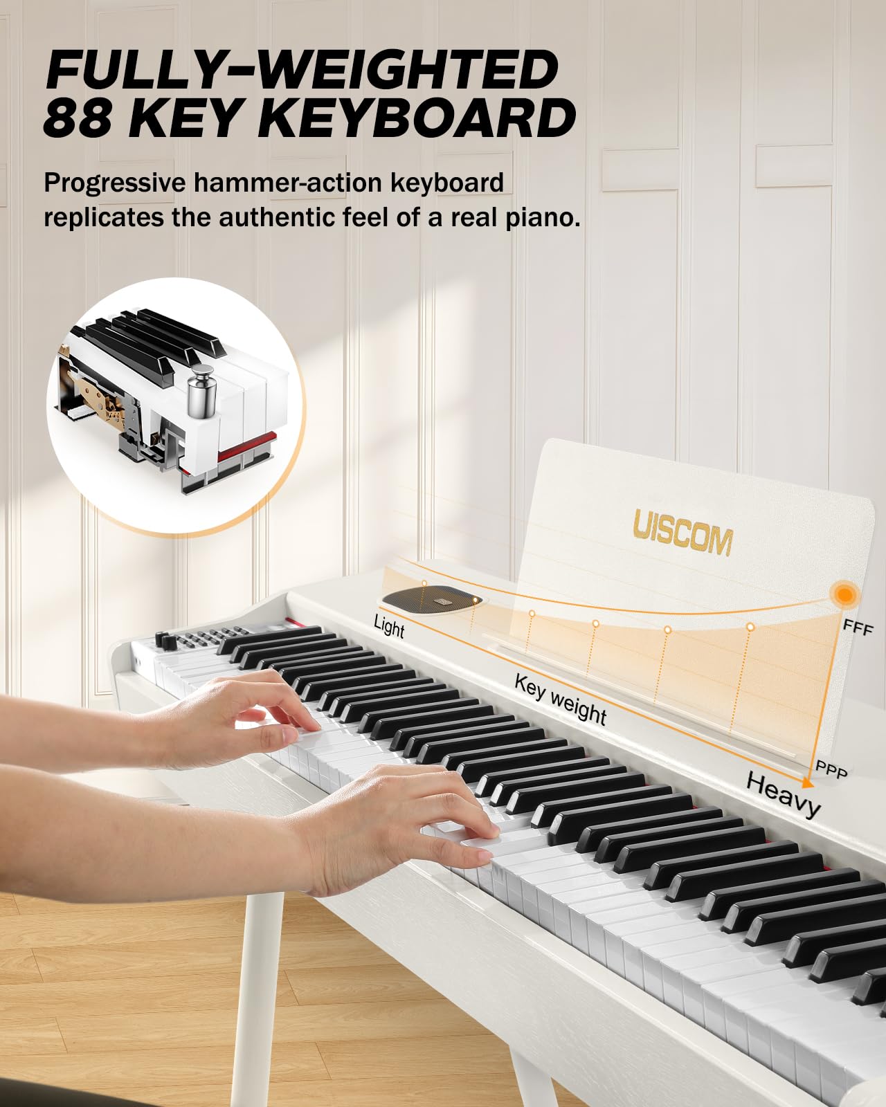88-Key Weighted Digital Piano Keyboard for Beginners - Full-Size Electric Piano with Music Stand, Triple Pedal, Power Adapter & USB-MIDI - Wood Grain White Finish - Perfect for Home Practice, Music Lessons & Studio Recording