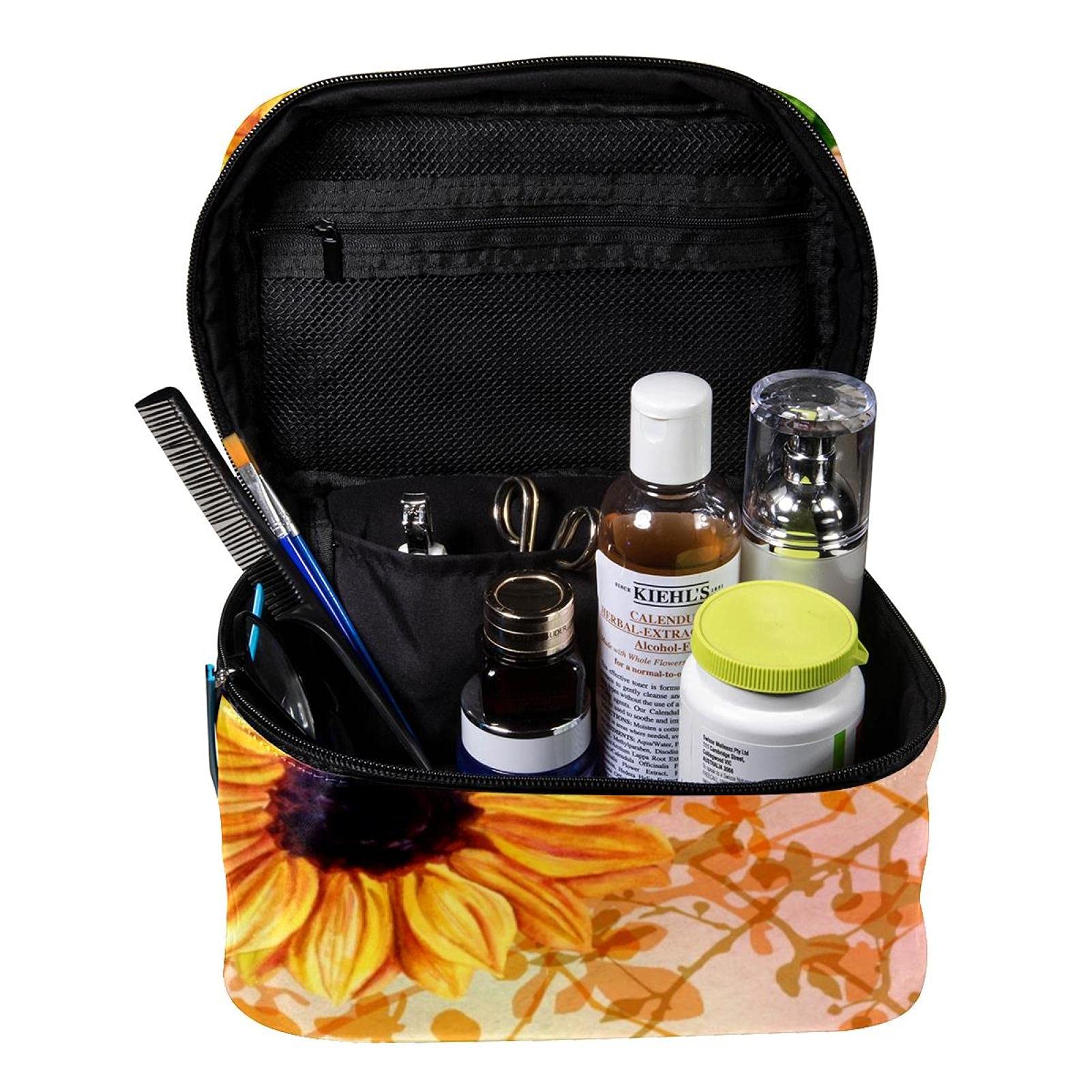 Yellow Sunflowers Green Leaves Large Travel Makeup Bag - Waterproof Cosmetic Organizer with Zipper for Women & Girls - Perfect for Vacation, Gym, and Daily Essentials Storage