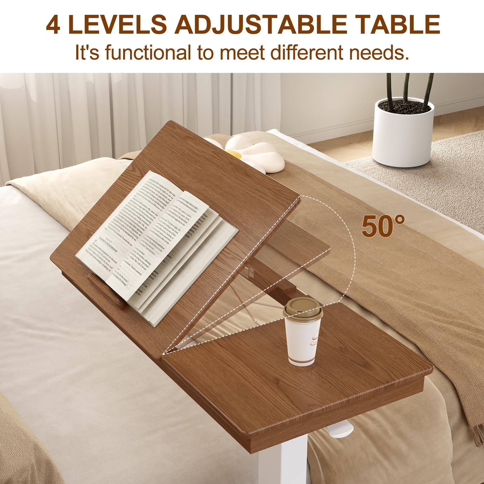 Adjustable Solid Wood Overbed Table with Wheels - Tilt Top Hospital Bedside Table, Rolling Bed Desk for Home & Medical Use (Walnut) - Perfect for Eating, Working & Reading in Bed or Recovery