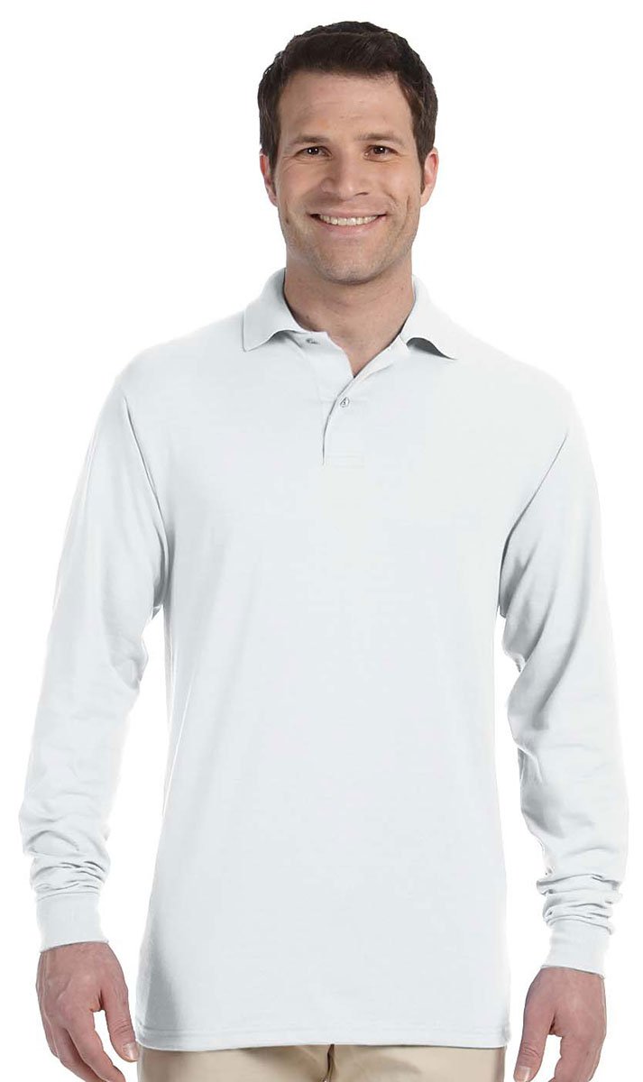 Jerzees Men's SpotShield Long Sleeve Polo Shirt - Moisture Wicking Work Uniform & Casual Wear - White (Small, Pack of 5) - Perfect for Office, Golf & Outdoor Activities
