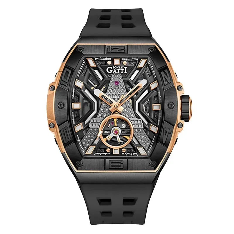 BONEST GATTI Men's Automatic Mechanical Watch - 5ATM Waterproof Sapphire Crystal Tonneau Case with Luminous Eiffel Tower Dial & Fluororubber Strap - Perfect for Business, Formal Events and Everyday Wear