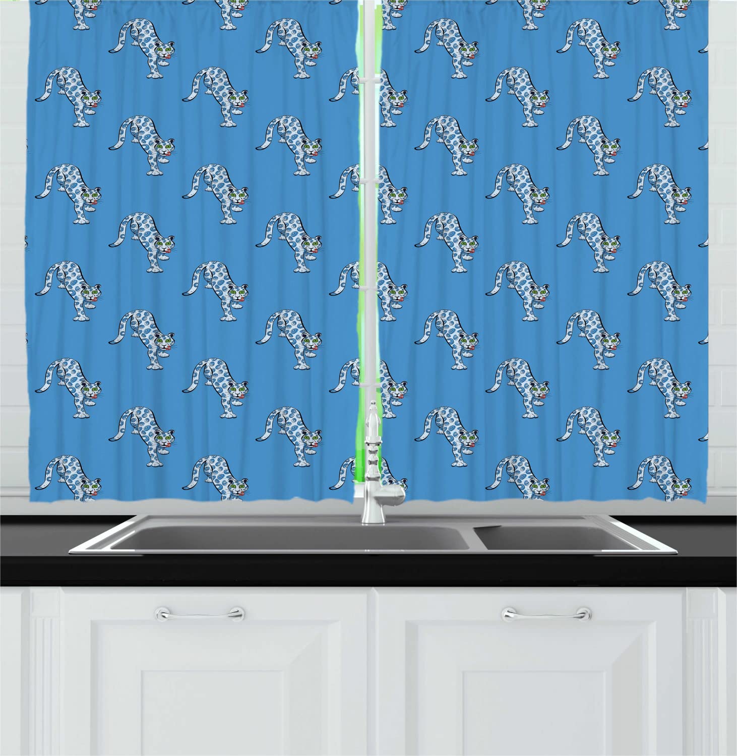 Ambesonne Safari Long Kitchen Curtains - Leopard Print Zoo Animals Wilderness Design, Tropical Continuous Pattern Drapes with Rod Pocket, 55