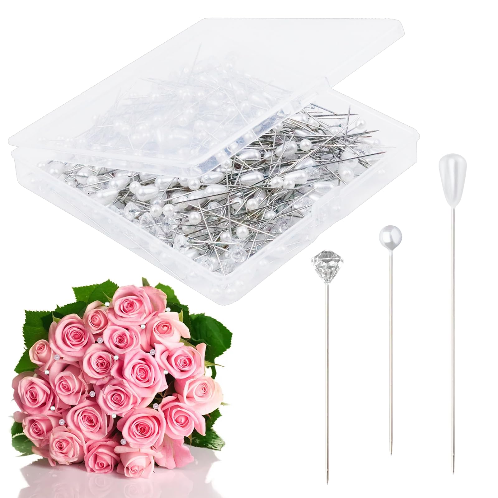 300 PCS Floral Pins for Bouquets - Pearl & Diamond Boutonniere Pins (3 Styles) - Wedding Corsage Accessories, Dressmaking, Sewing, Jewelry & Flower Decoration - Perfect for DIY Crafts, Bridal Bouquets, and Gift Wrapping