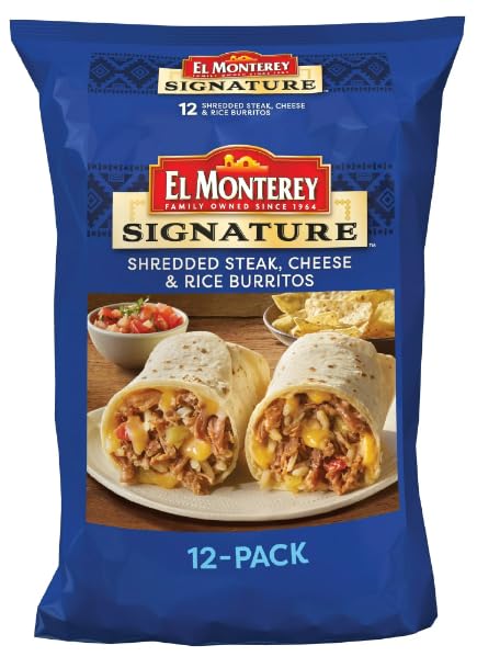 El Monterey Signature Shredded Steak, Cheese & Rice Burritos - 12 Count (57.6 oz) Frozen Burritos for Quick Meals, Lunch & Dinner - Perfect for Busy Families, Office Lunches & Emergency Food Storage