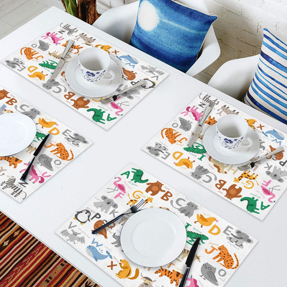 ABC Learning Alphabet Placemats Set of 4 - Educational Cotton Linen Table Mats for Kids with Non-Slip & Heat Resistant Design - Perfect for Holiday Dining, Birthday Parties and Classroom Learning Activities