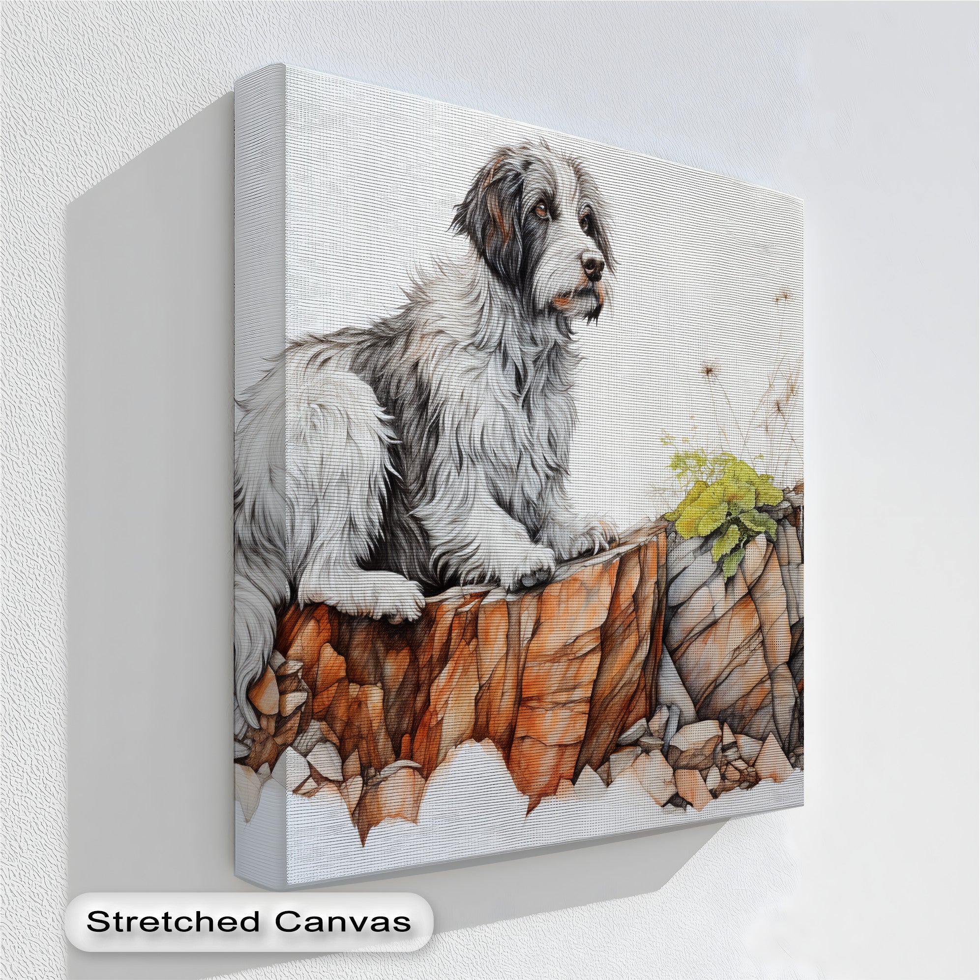 Cliffside Watch - Shaggy Dog on Rocky Ledge Pencil Art Canvas Print | Wall Decor for Living Room, Bedroom & Office | Unique Dog Lover Gift Idea