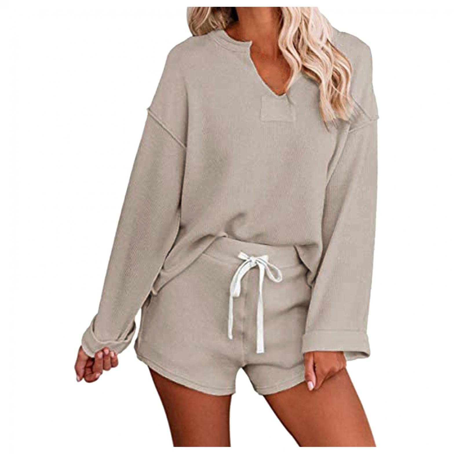 Women's Waffle Knit Pajama Set - Long Sleeve Henley Top & Shorts with Pockets | Cozy Lounge Wear & Sleepwear | Perfect for Relaxing at Home, Sleepovers & Vacation Getaways