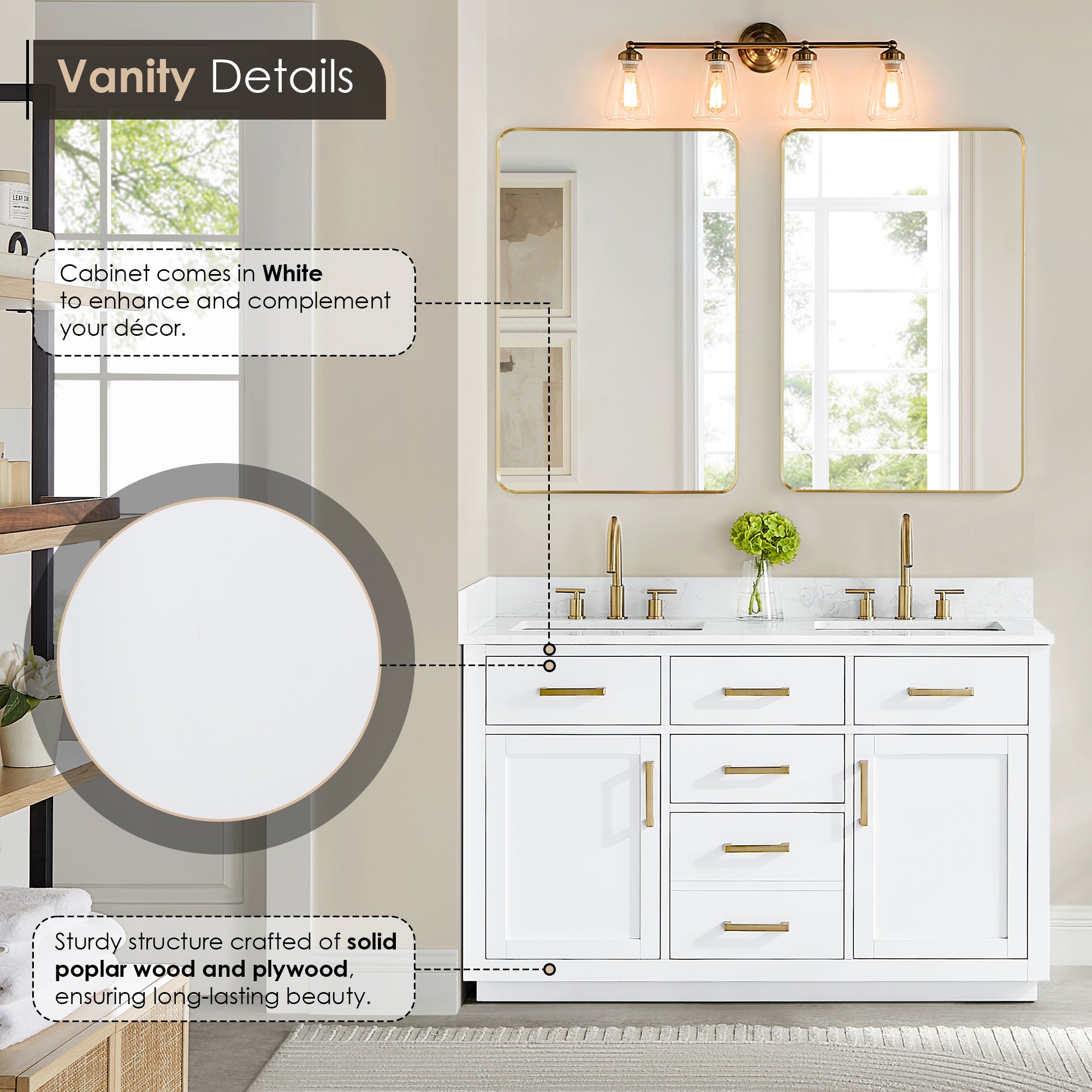 Gavino 54 Inch Double Sink Bathroom Vanity with White Engineered Stone Countertop - Modern Farmhouse Style for Master Bath & Guest Bathroom Remodel