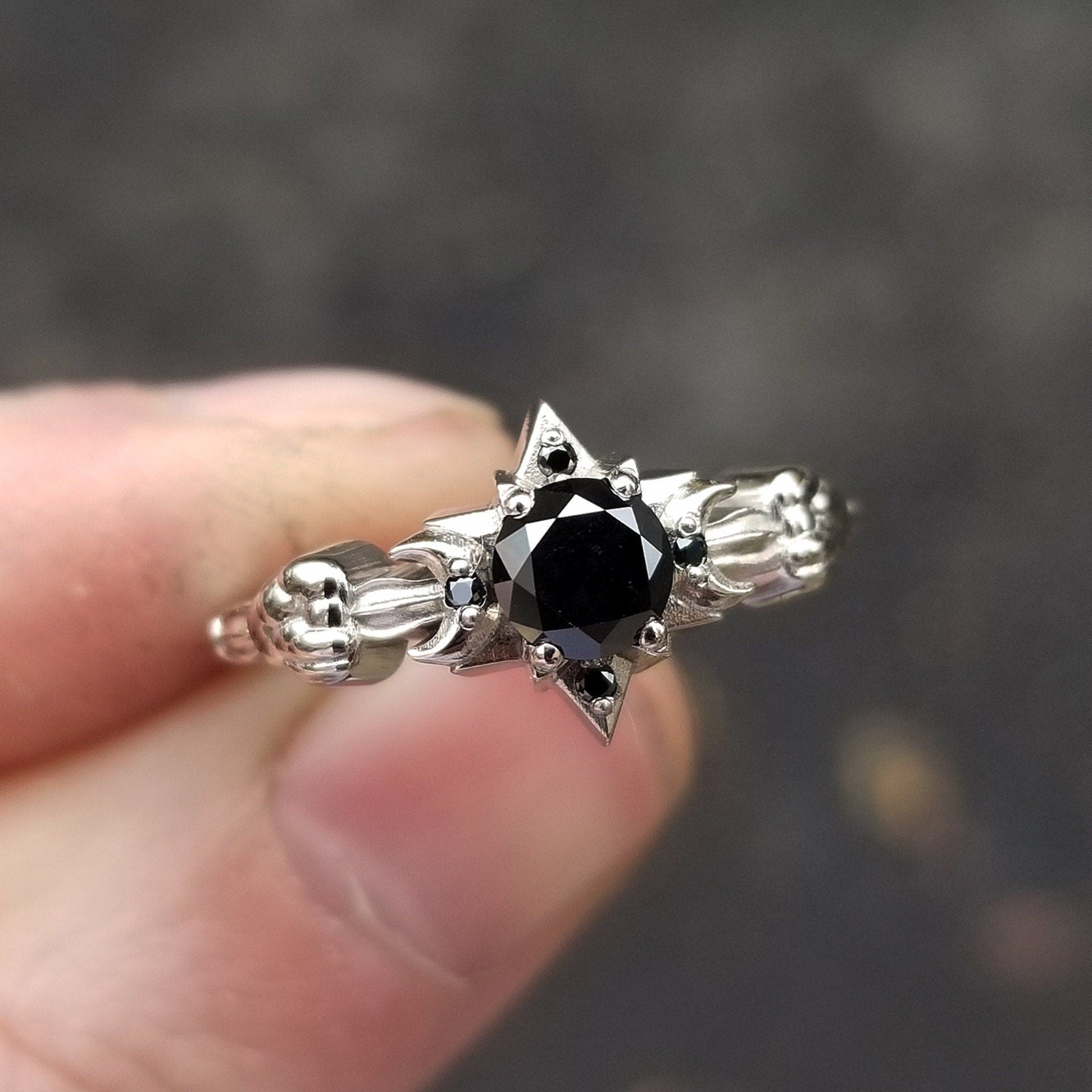 Celestial Black Diamond Engagement Ring – Moon, Star & Clouds Design in 14K Palladium White Gold – Gothic Wedding Jewelry for Brides, Alternative Engagement, Dark Romance & Unique Proposals