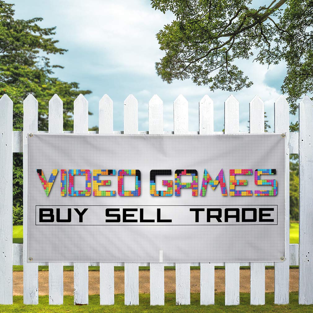 Durable 24x36 Inches Vinyl Banner with 4 Grommets - Weatherproof Outdoor Business Sign for Video Game Trade, Buy & Sell - Perfect for Yard Sales, Retail Stores & Industrial Use