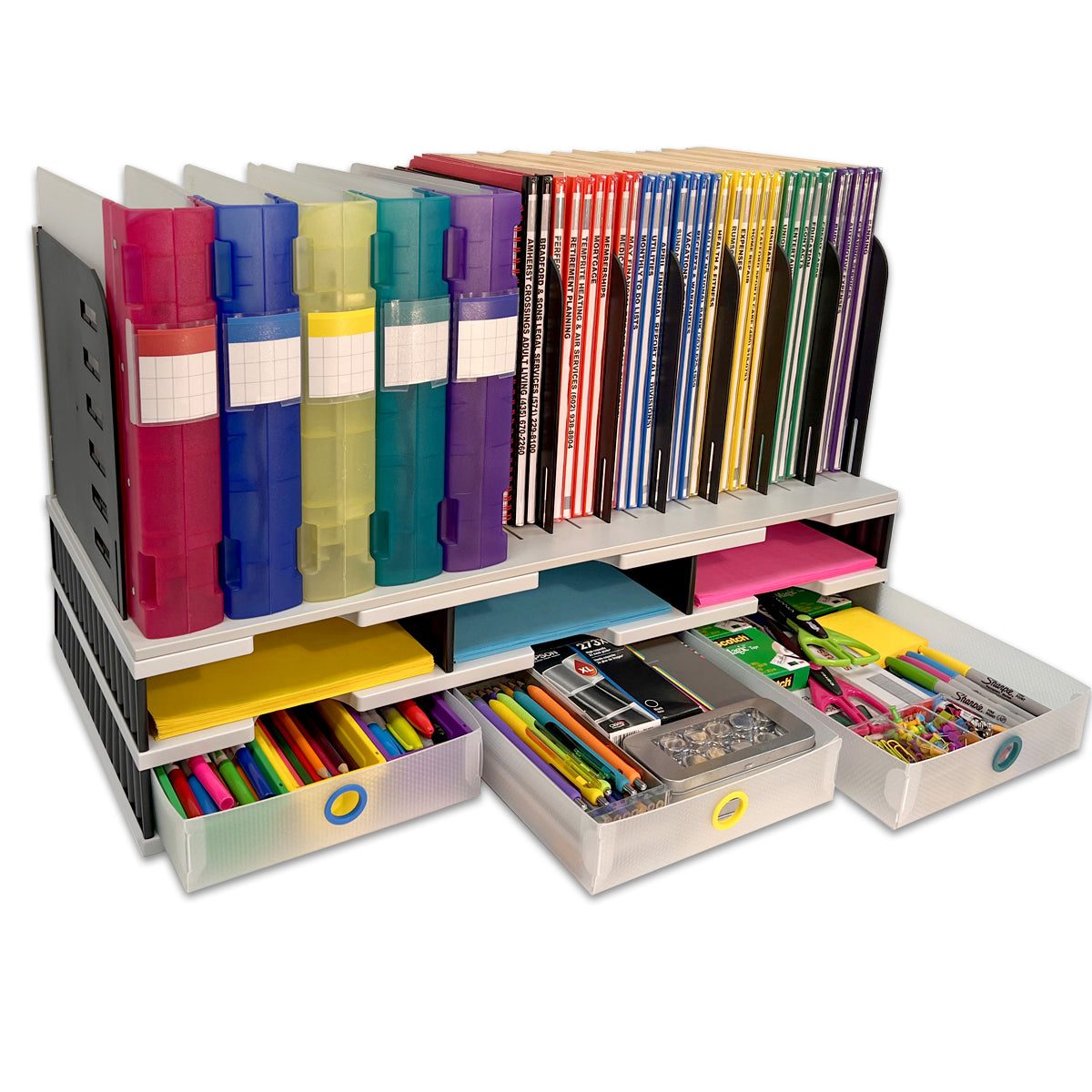 6-Tier Desktop Organizer with Letter Tray, Vertical File Holder & 3 Drawers - TierDrop™ Modular Office Organizer for Vertical Space Saving - Perfect for Home, Office & Workspace Organization (Files, Supplies, Documents)