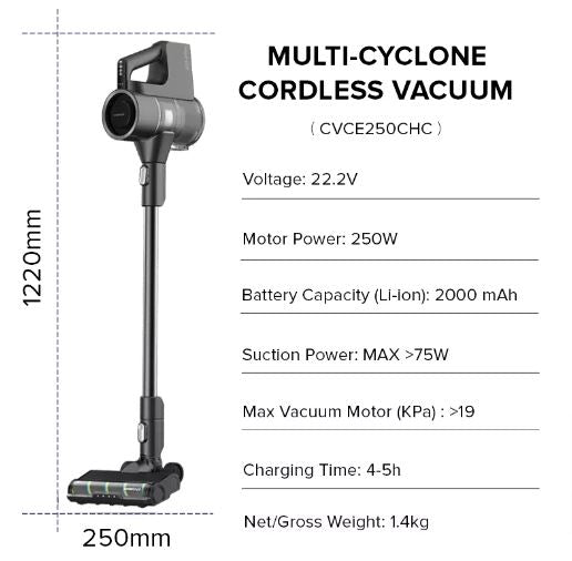 Cornell Handheld Cordless Vacuum Cleaner - 19KPa Powerful Suction, Lightweight & Portable for Home, Car, Pet Hair - CVCE250CHC | Ideal for Quick Cleanups on Furniture, Stairs & Hard-to-Reach Areas