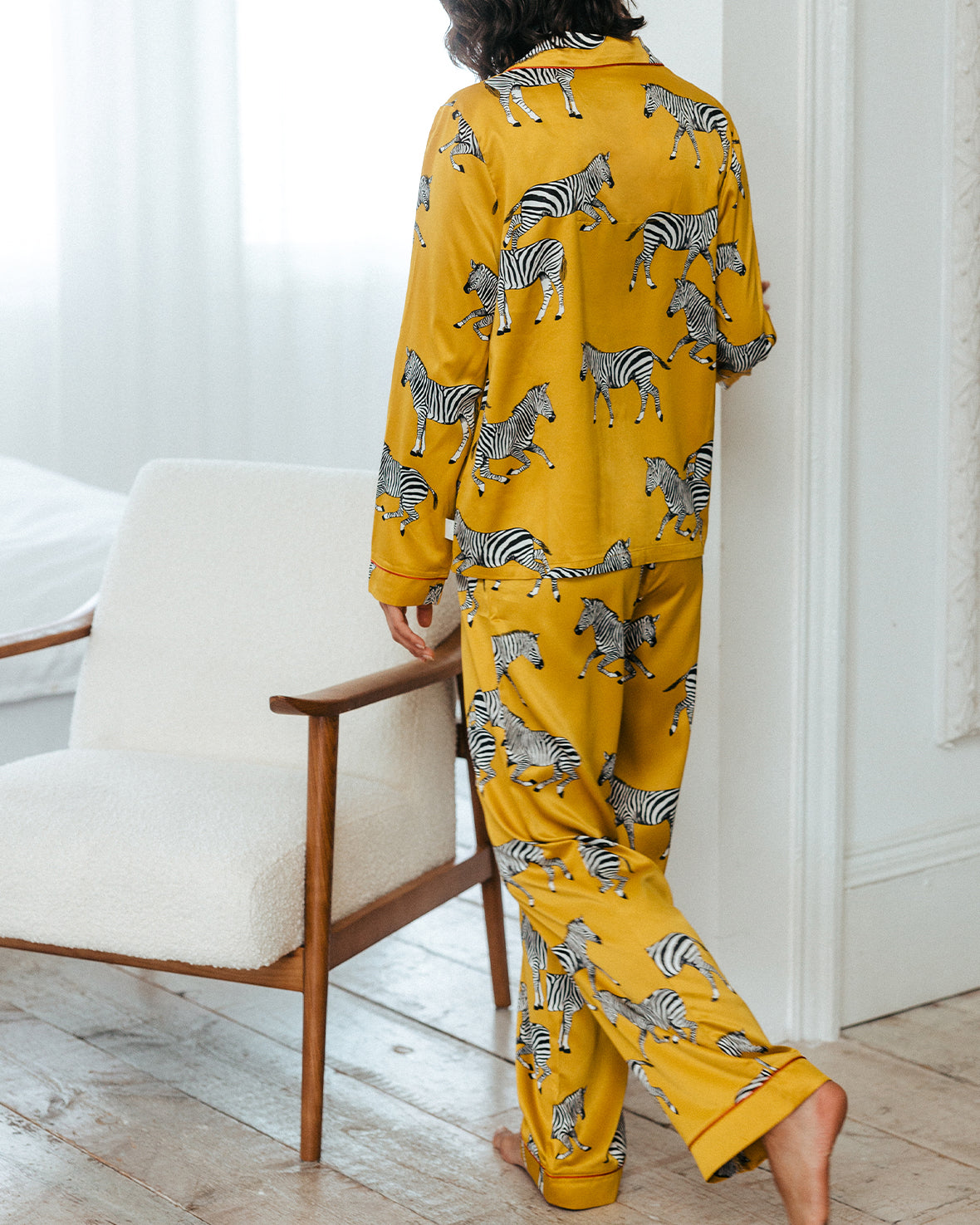 Satin Zebra Print Long Pajama Set for Women - Mustard Yellow Sleepwear, Comfortable Loungewear for Relaxing at Home