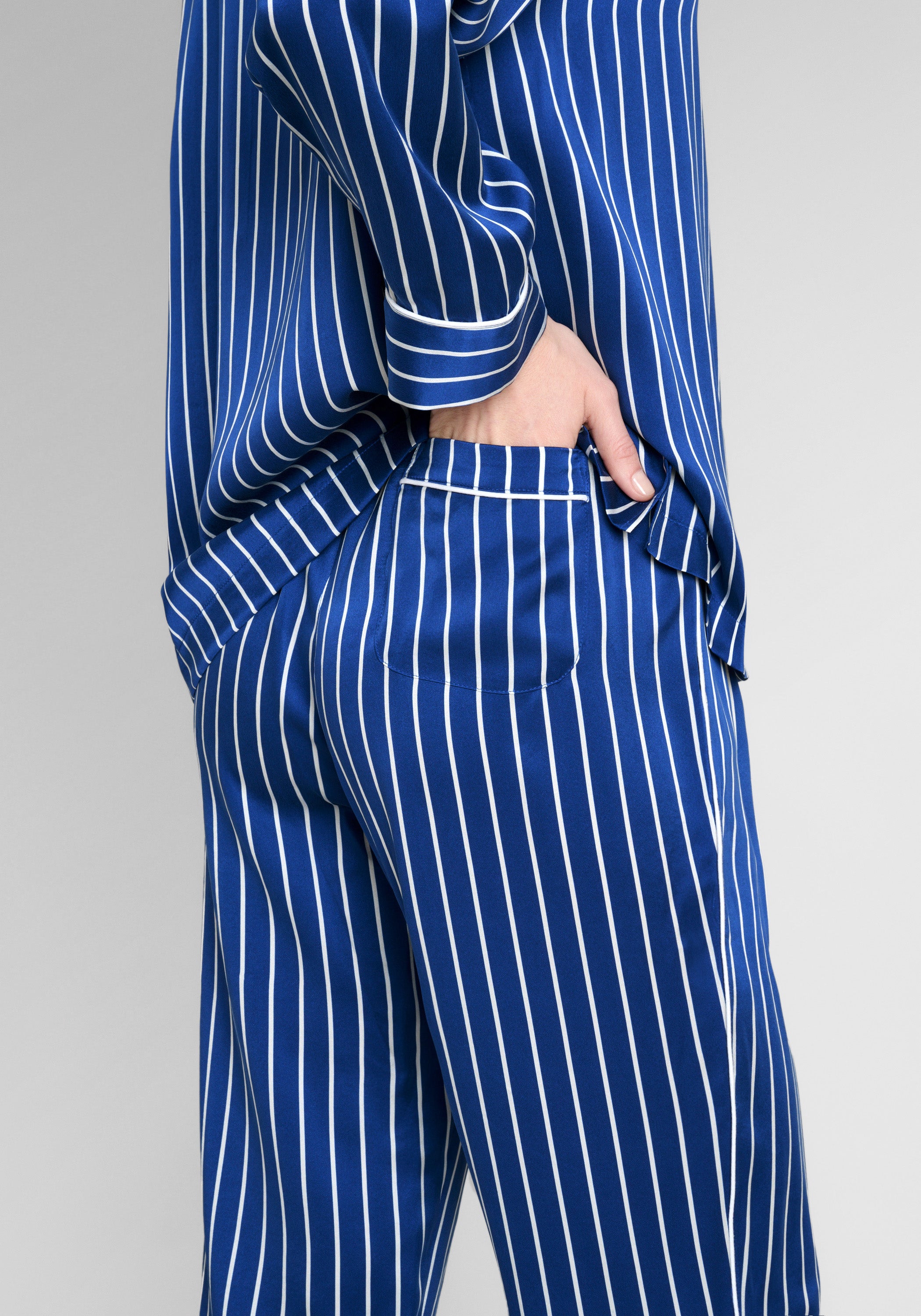 Washable Silk Marina Pajama Set - Blue & White Tie Stripe Women's Sleepwear - Soft Comfortable Loungewear for Home, Travel & Relaxation