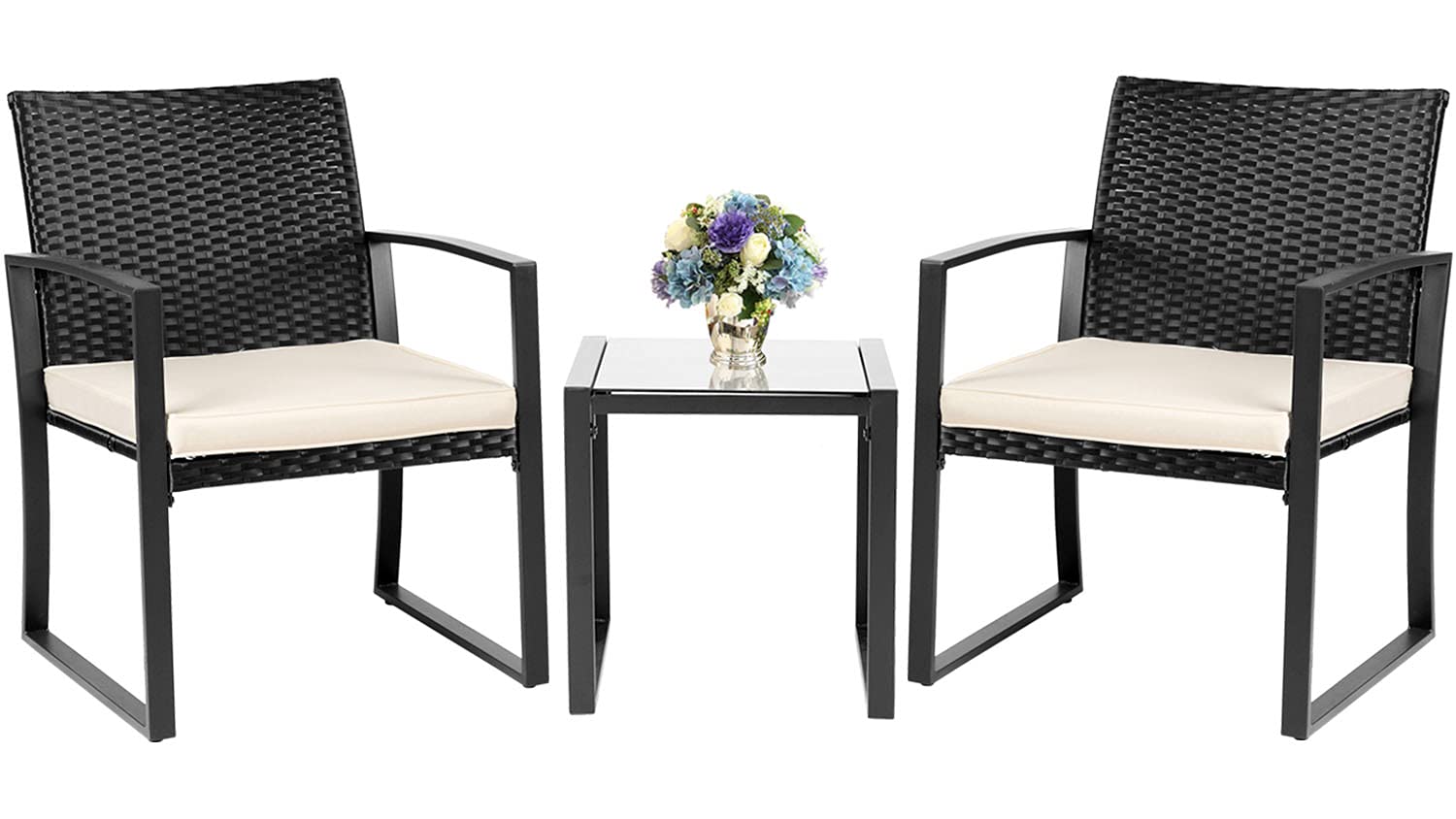 Oakmont 3-Piece Patio Furniture Set - Outdoor Wicker Conversation Set with Coffee Table, Modern Black Rattan Bistro Set for Balcony, Yard & Garden - Perfect for Outdoor Relaxation & Entertaining (Beige)
