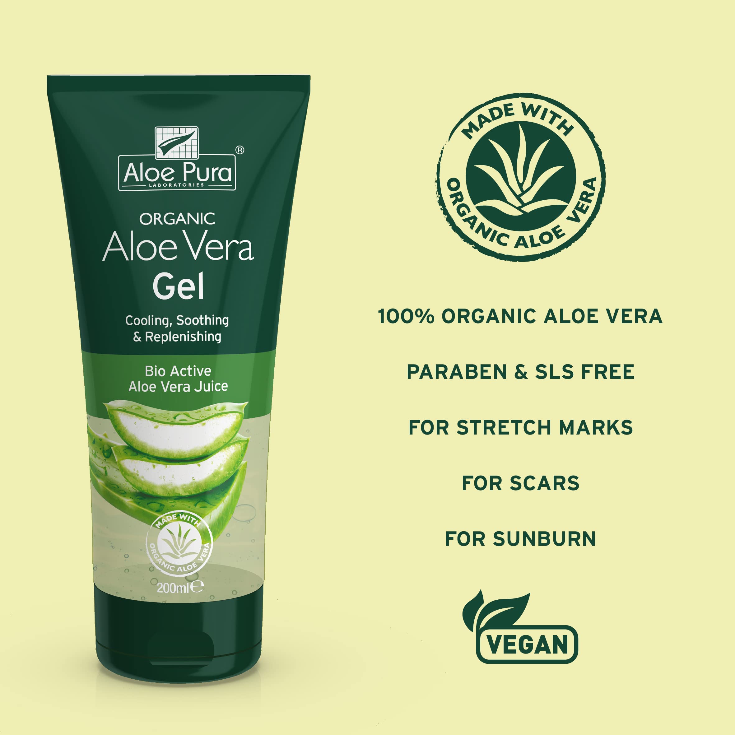 Organic Aloe Vera Gel for Face & Body - 200ml Cooling Soothing Vegan Aloe Pura Gel, Natural, Cruelty-Free, Paraben & SLS Free - Perfect for Sunburn Relief, After Sun Care, Skin Hydration & Hair Treatment