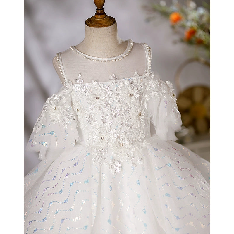 Elegant White Organza Flower Girl Dress with Jewel Neckline - Perfect for Weddings, Pageants & Special Occasions