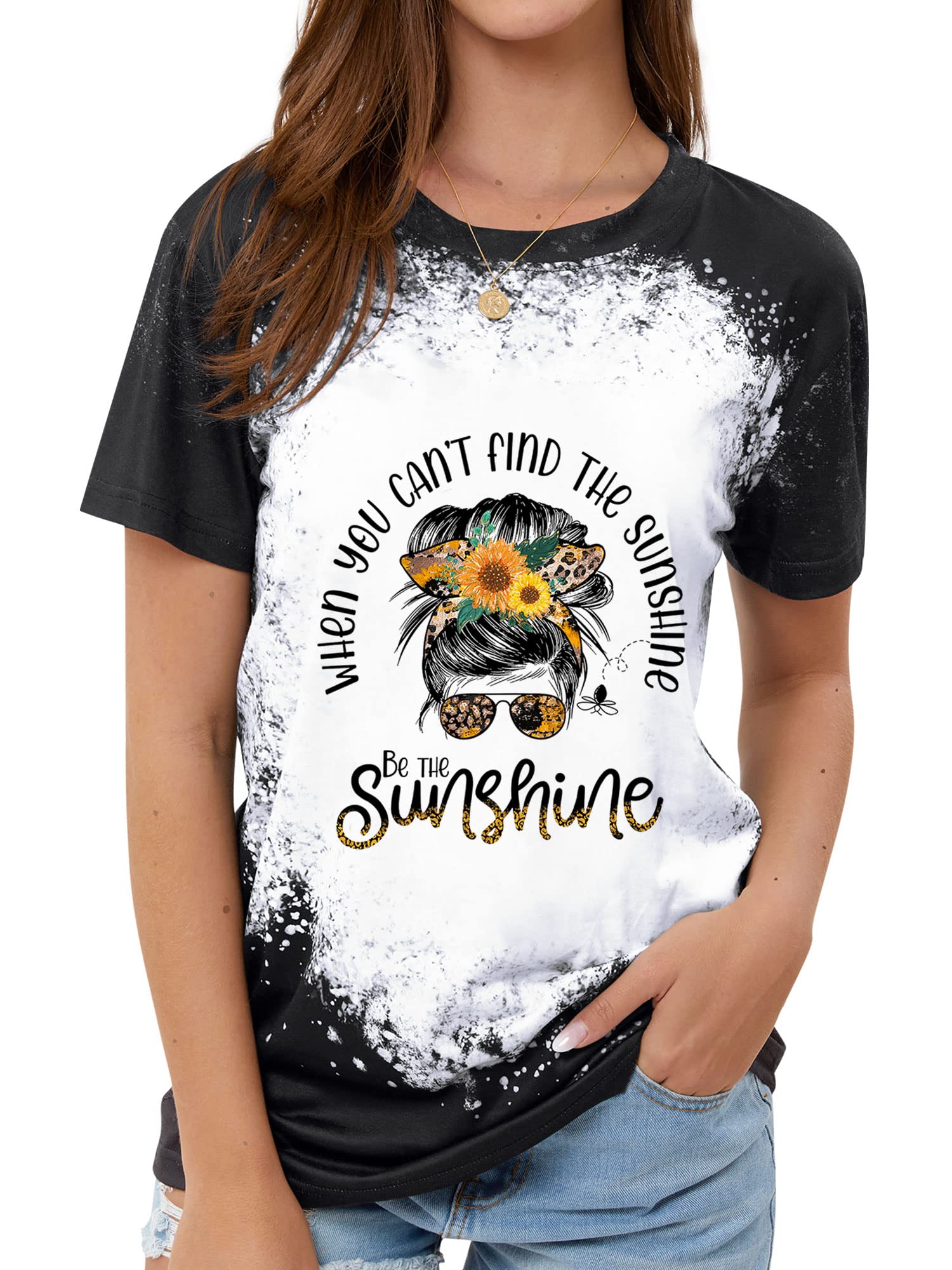 Vintage Bleached Graphic T-Shirts for Women - Skull & Messy Bun Mom Tees - Comfortable Cotton Tops for Casual Wear, Outfits & Everyday Fashion