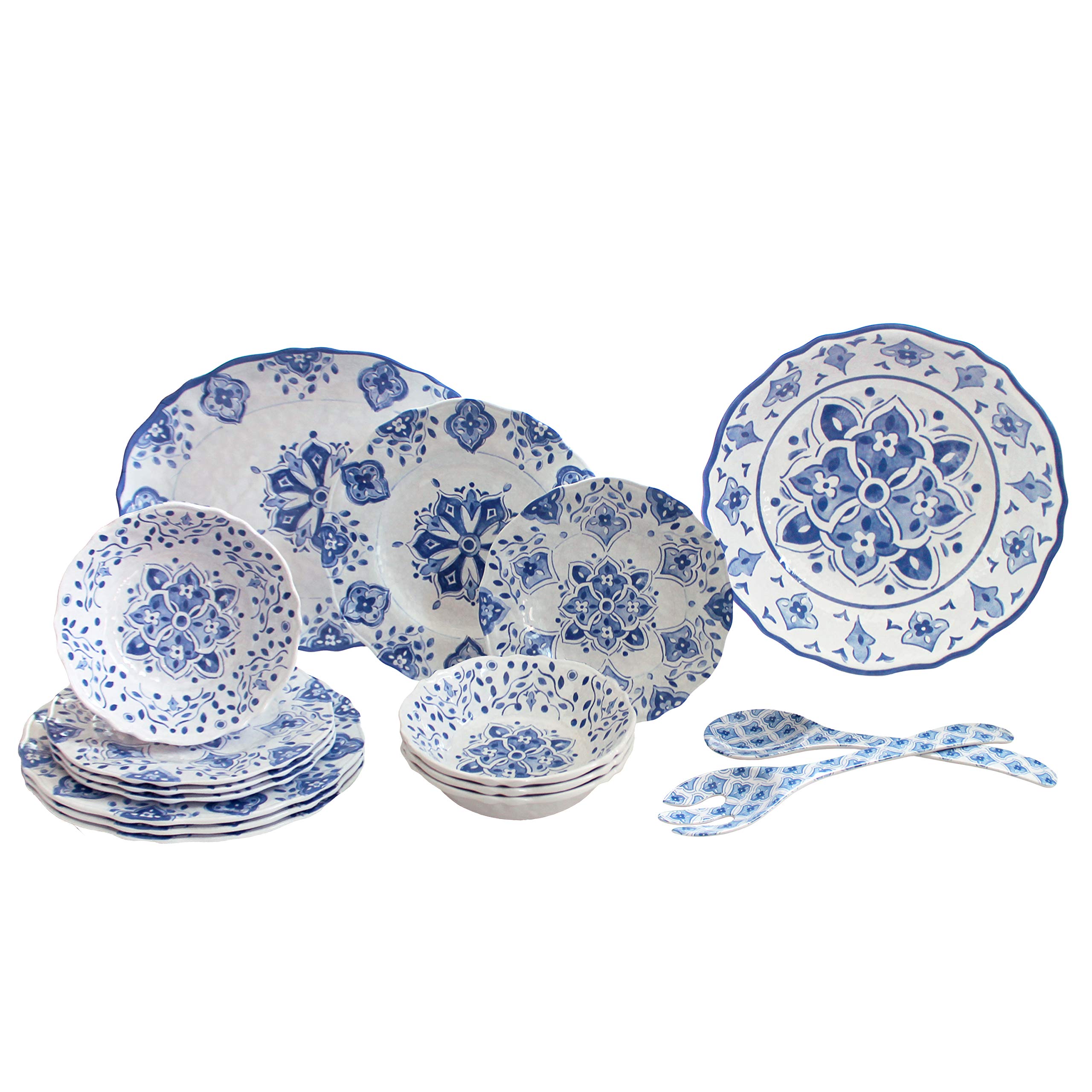 Le Cadeaux 16-Piece Luxury Melamine Dinnerware Set - Moroccan Blue, Shatterproof & Lightweight, Service for 4 - Perfect for Outdoor Dining, Picnics, and Everyday Use