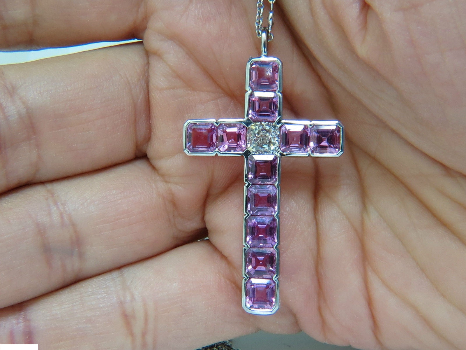 18KT Gold GIA Certified 10.41CT Natural Pink Sapphire Diamond Cross Pendant Necklace - Elegant Jewelry for Weddings, Anniversaries & Special Occasions