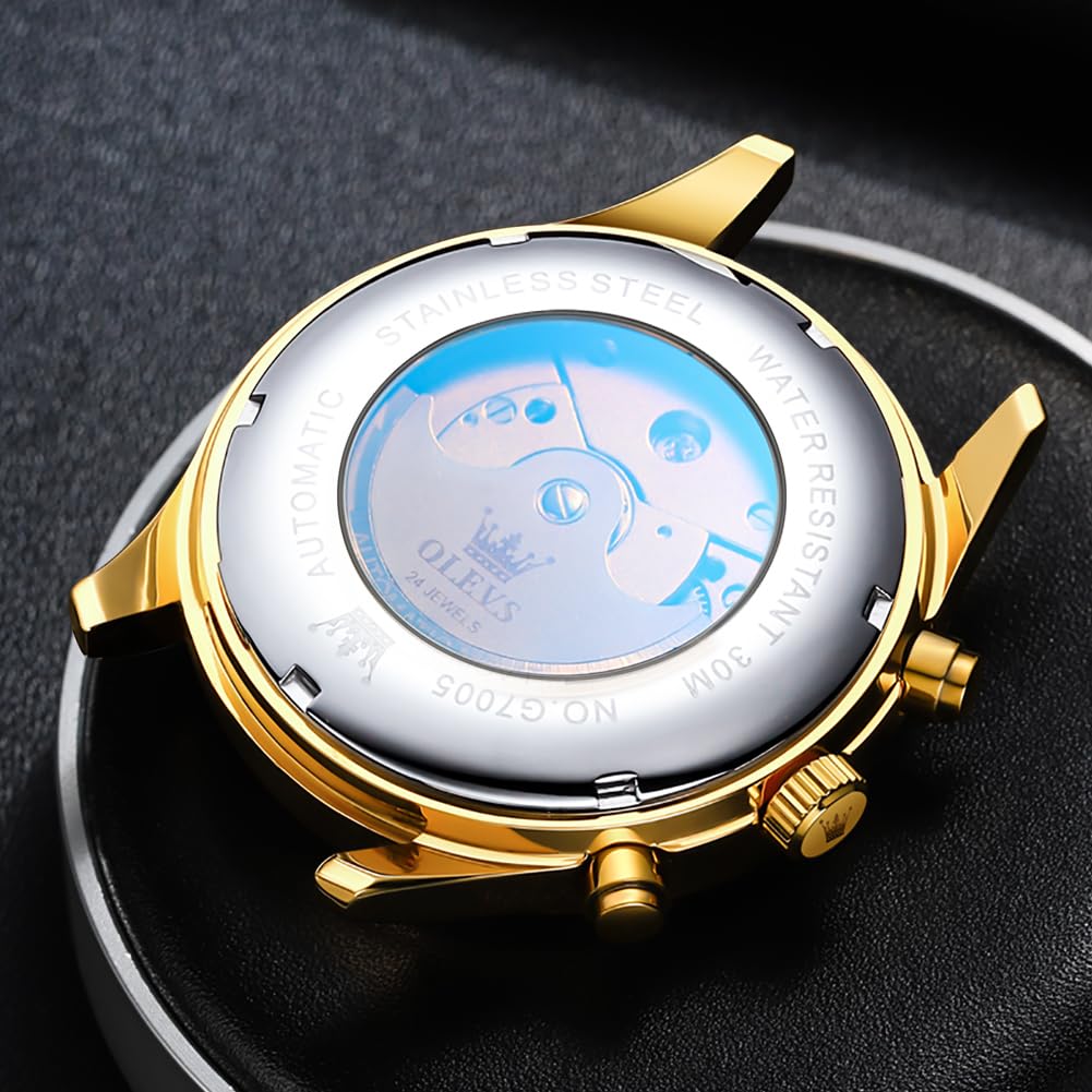 OLEVS Men's Automatic Skeleton Tourbillon Watch - Self-Winding Luxury Dress Watch with Diamond Accents, Stainless Steel, Waterproof, Luminous Hands, Moon Phase & Day Date Display - Perfect for Business, Formal Events & Gift Giving