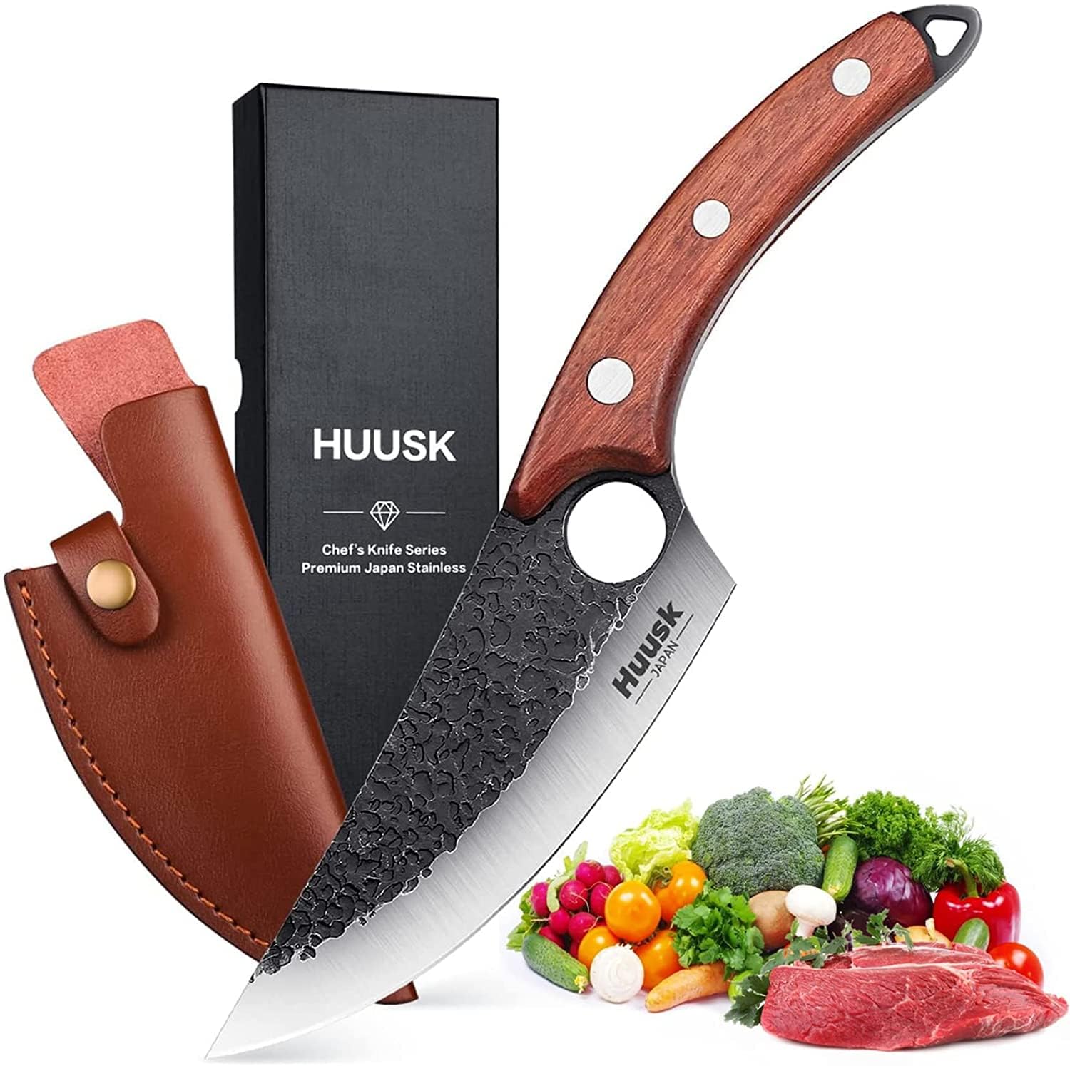 Premium Huusk Viking Knives - Japanese Style Forged High Carbon Steel Meat Cleaver & Boning Knife with Sheath - Professional Chef Knives for Kitchen, Camping, BBQ - Perfect Thanksgiving & Christmas Gifts for Home Cooks and Outdoor Enthusiasts