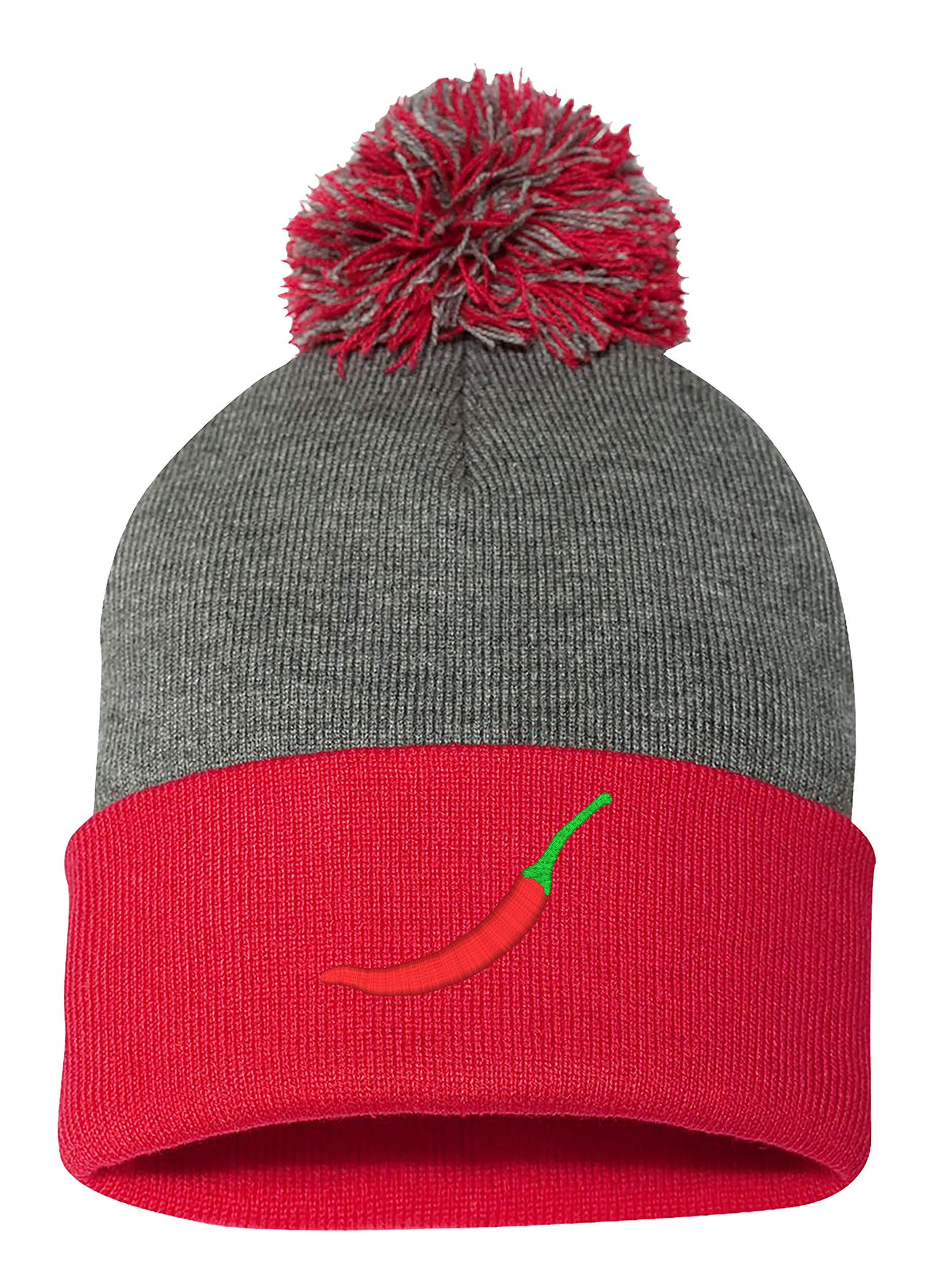 Embroidered Pom Pom Red Chili Hot Pepper Beanie for Men & Women - Warm Winter Hat for Outdoor Activities, Skiing, Snowboarding & Casual Wear