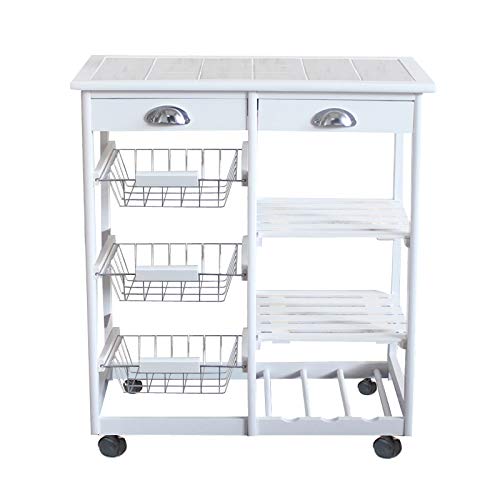 Wooden Kitchen Island Cart with Wheels - Rolling Utility Cart with Tile Top, 2 Drawers, 3 Baskets, Wine Rack & 2 Shelves - Mobile Storage Trolley for Kitchen, Dining Room & Small Spaces (White-B) - Perfect for Food Prep, Entertaining & Extra Counter Space