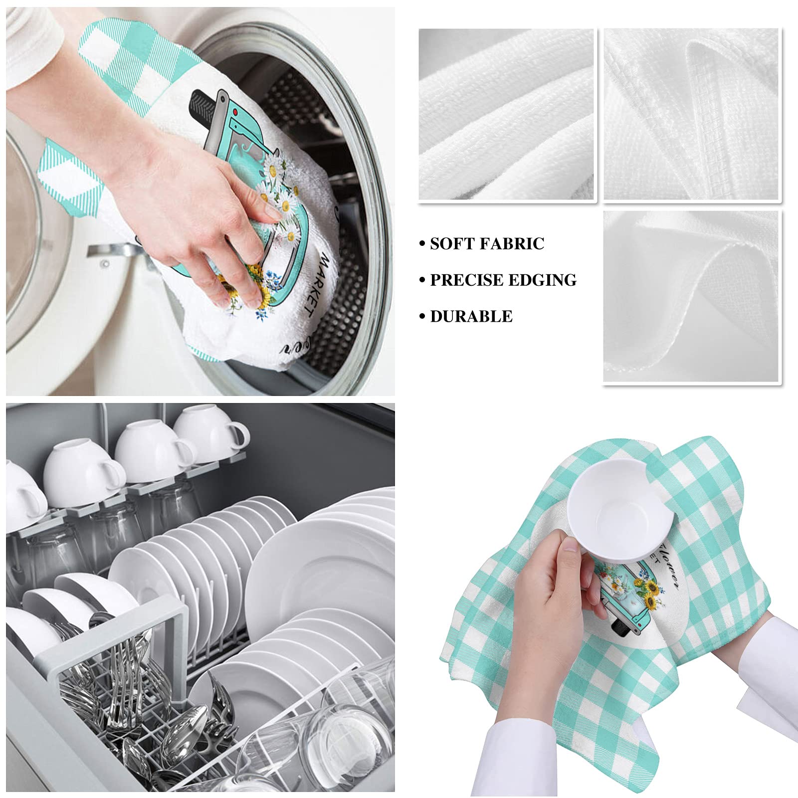 Farmhouse Blue Truck Sunflower Daisy Kitchen Towels - 18x28 Inches Soft Cotton Dish Cloths, Tea Towels & Hand Towels (4 Pack) - Perfect for Kitchen, Bathroom & Bar Use