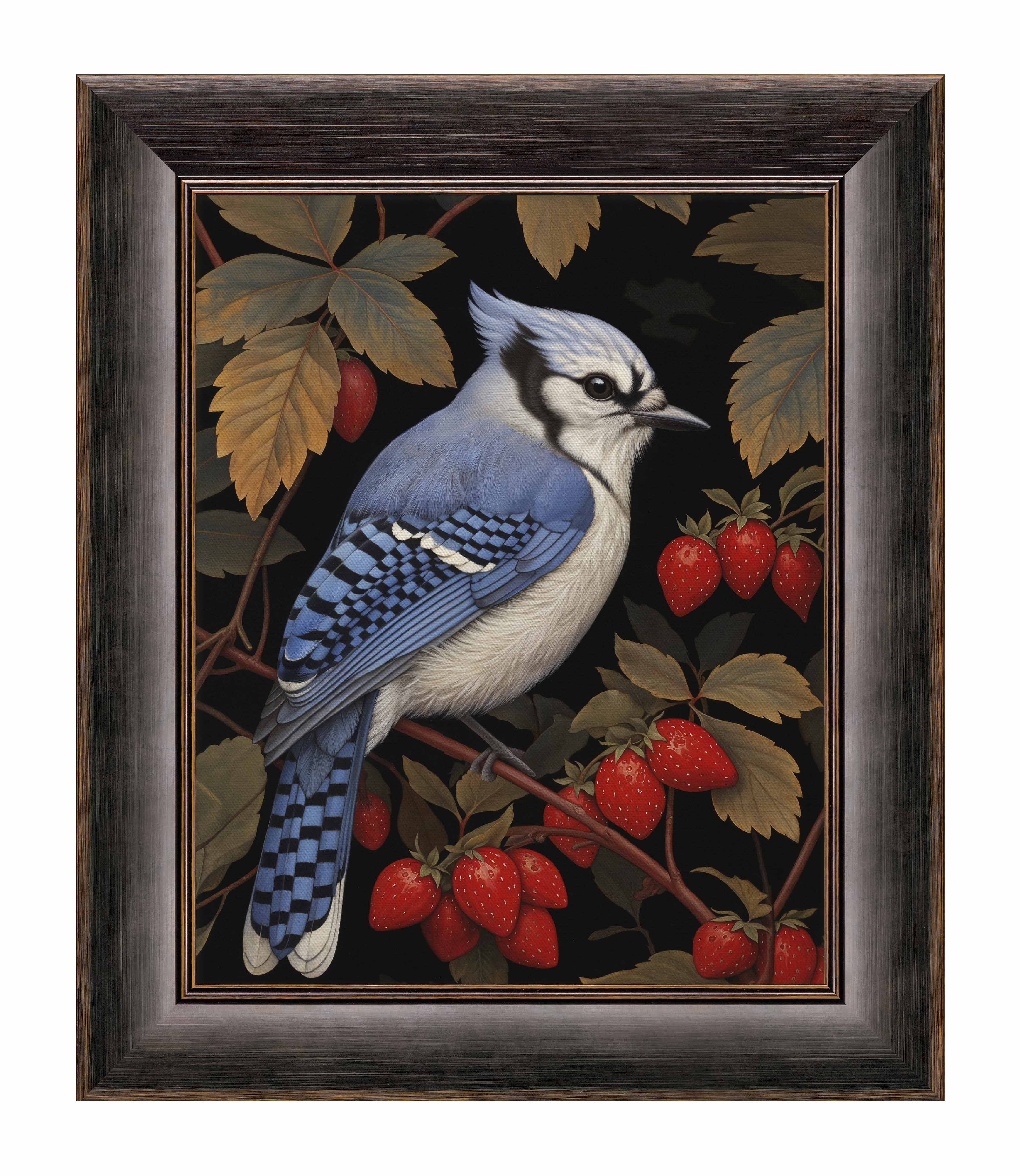 Berry Bliss Blue Jay in Strawberry Patch - Limited Edition Canvas Wall Art for Home & Office Decor | Nature Inspired Painting for Living Room, Bedroom, Nursery